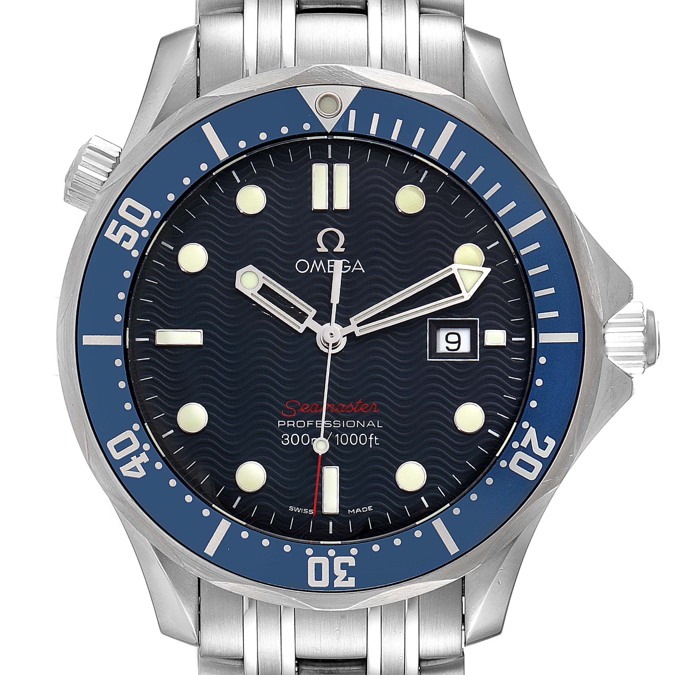 The Omega Seamaster 2221.80.00 Men's Stainless Steel Blue Dial 2221.80.00 Men's Stainless Steel Blue Dial watch is shown from the front, featuring its dial, bezel, crown, and part of the bracelet.