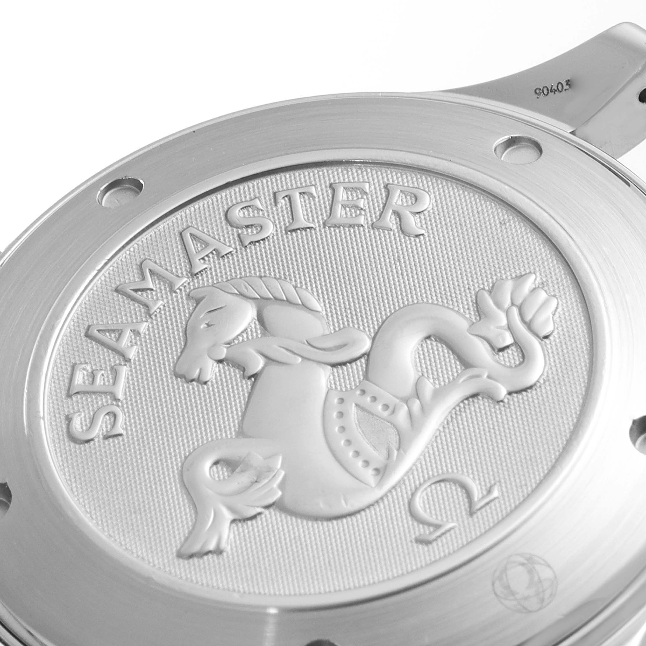 The image shows a close-up of the case back of an Omega Seamaster 2221.80.00 Men's Stainless Steel Blue Dial 2221.80.00 Men's Stainless Steel Blue Dial watch, showcasing the engraved logo and text.