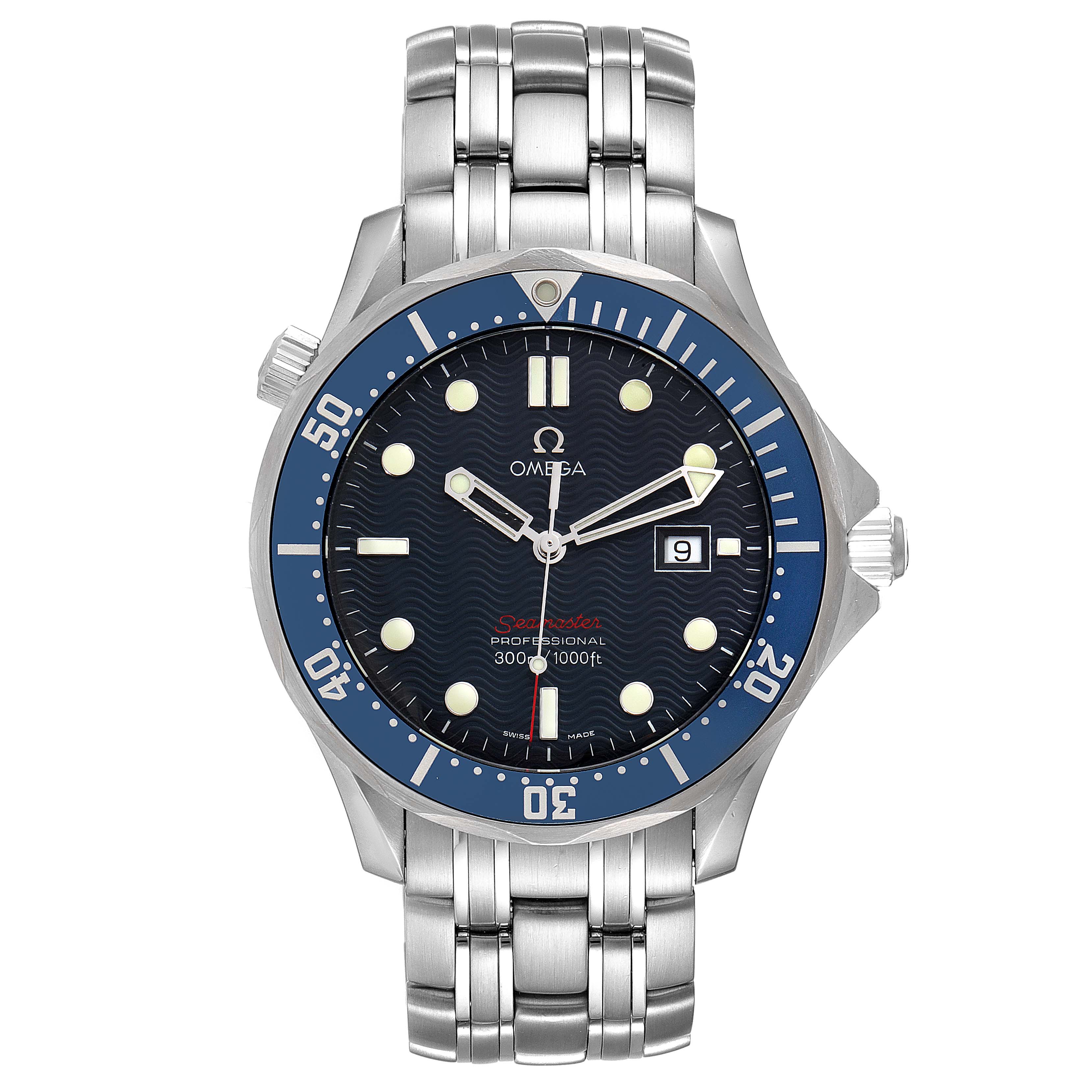 The image shows a front view of an Omega Seamaster 2221.80.00 Men's Stainless Steel Blue Dial 2221.80.00 Men's Stainless Steel Blue Dial watch, highlighting its face, bezel, and stainless steel bracelet.