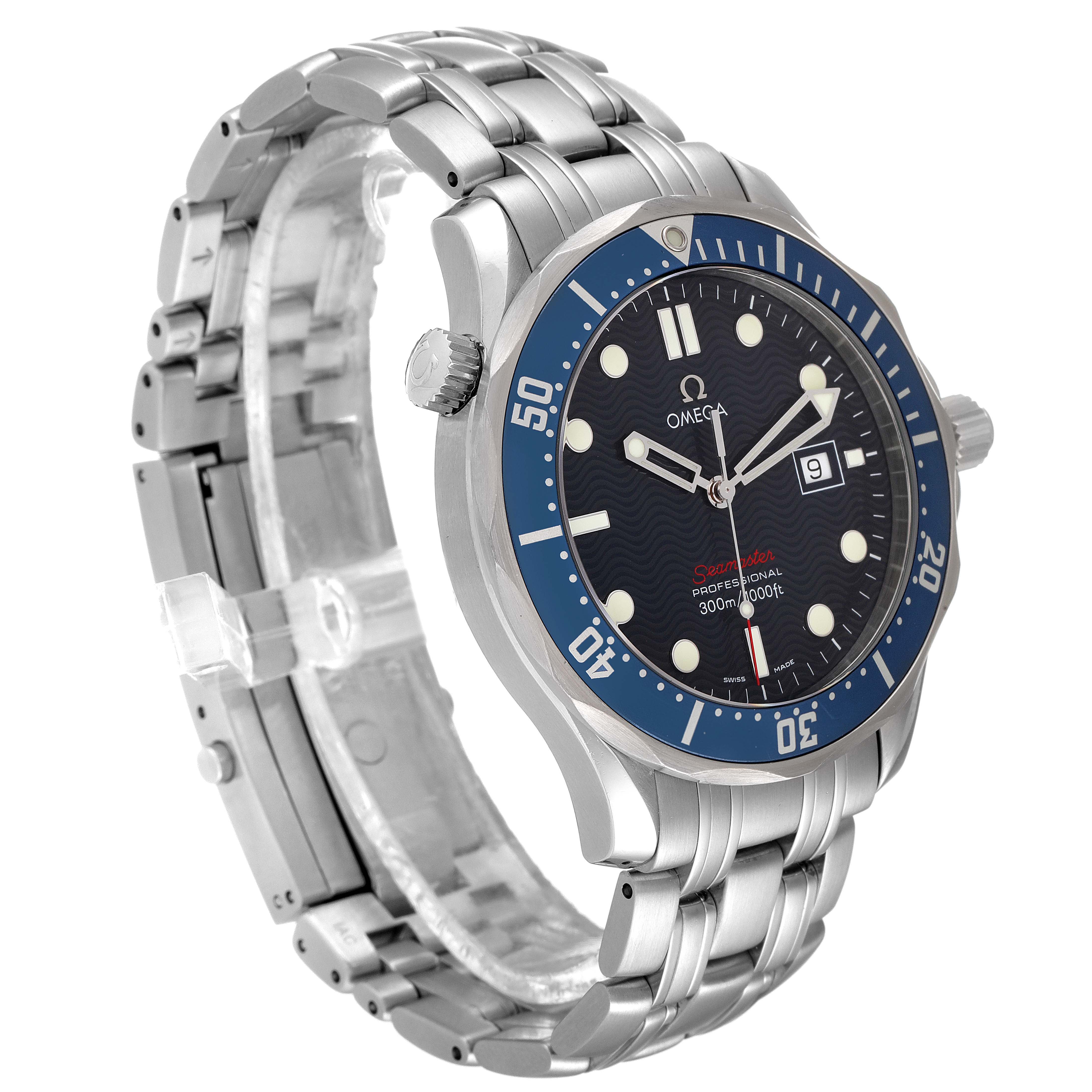 The image shows a tilted side angle of an Omega Seamaster 2221.80.00 Men's Stainless Steel Blue Dial 2221.80.00 Men's Stainless Steel Blue Dial watch, highlighting the blue bezel, dial, date window, and stainless steel bracelet.