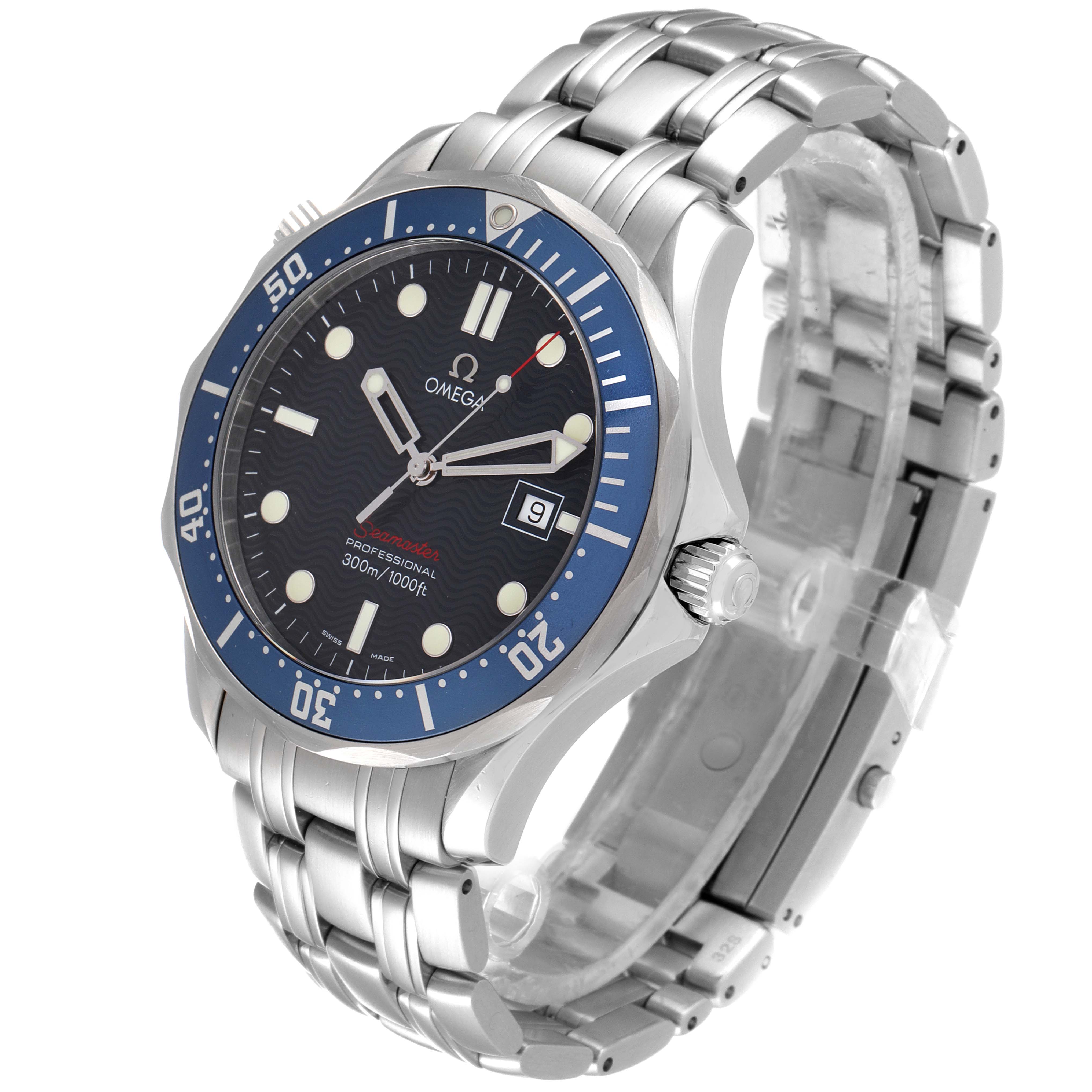 This image shows a front and slight side view of the Omega Seamaster 2221.80.00 Men's Stainless Steel Blue Dial 2221.80.00 Men's Stainless Steel Blue Dial watch, showcasing its face, bezel, crown, and bracelet.