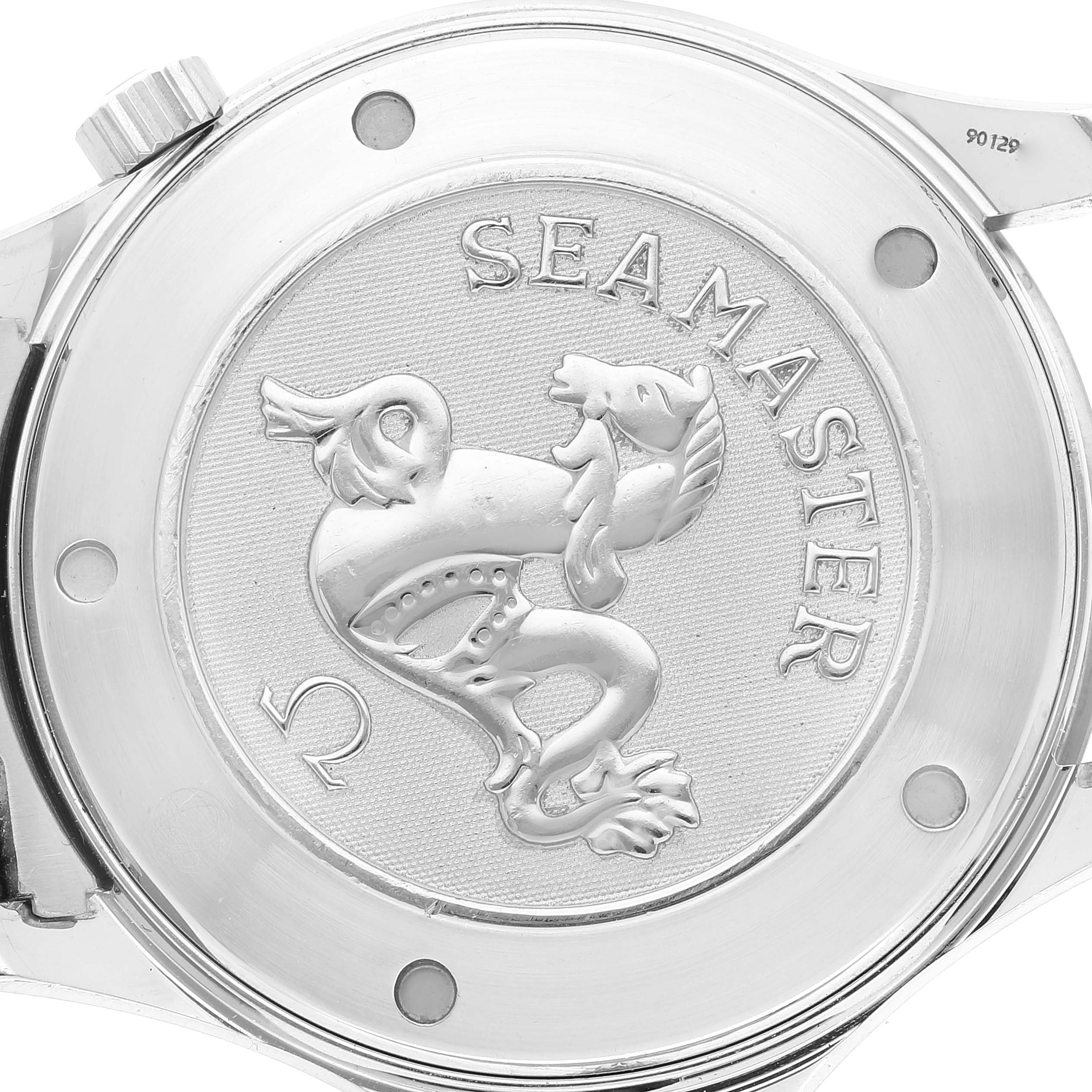 The image shows the case back of an Omega Seamaster 2221.80.00 Men's Stainless Steel Blue Dial 2221.80.00 Men's Stainless Steel Blue Dial watch featuring the Seamaster logo.