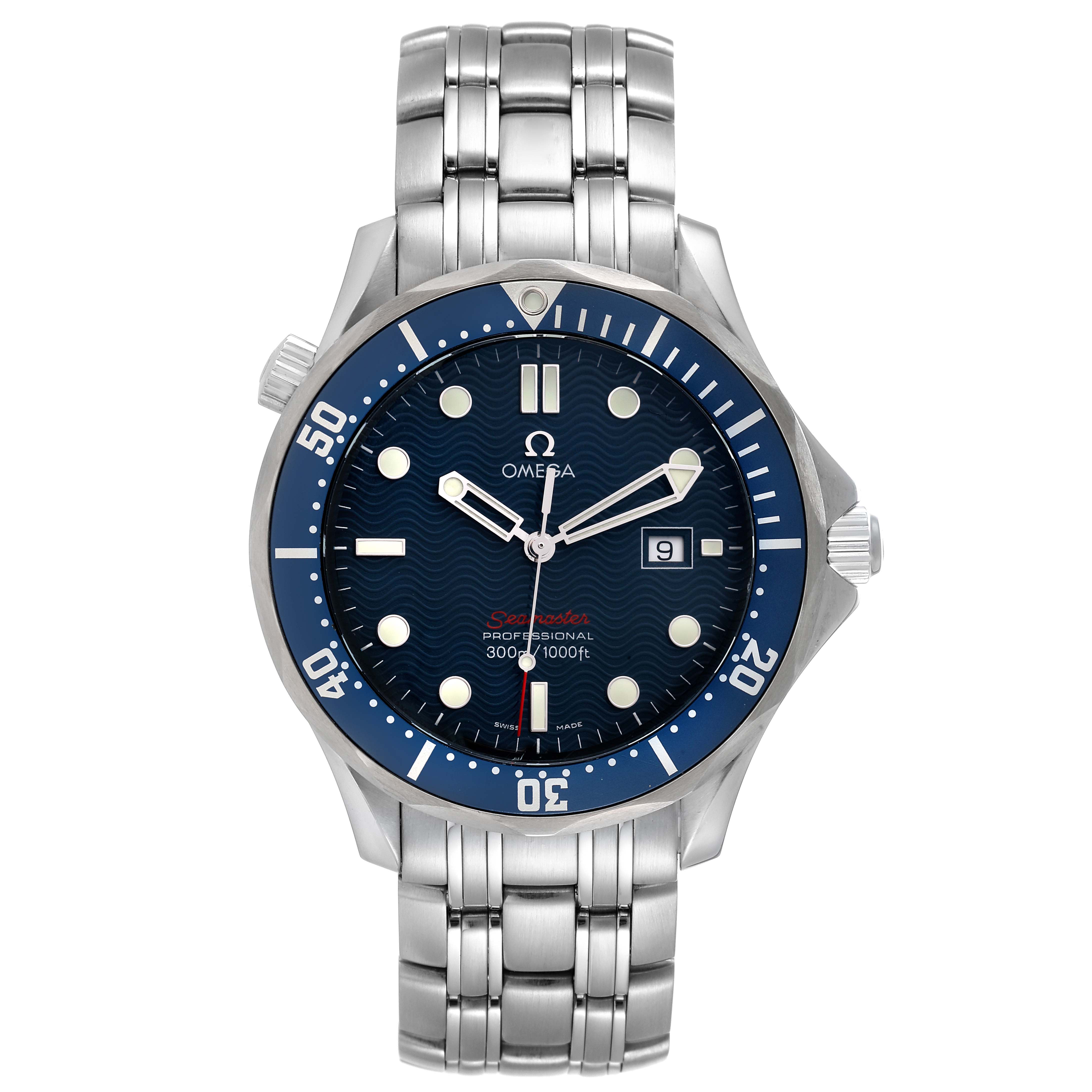The image shows a front view of the Omega Seamaster 2221.80.00 Men's Stainless Steel Blue Dial 2221.80.00 Men's Stainless Steel Blue Dial watch, highlighting the dial, bezel, and metal bracelet.