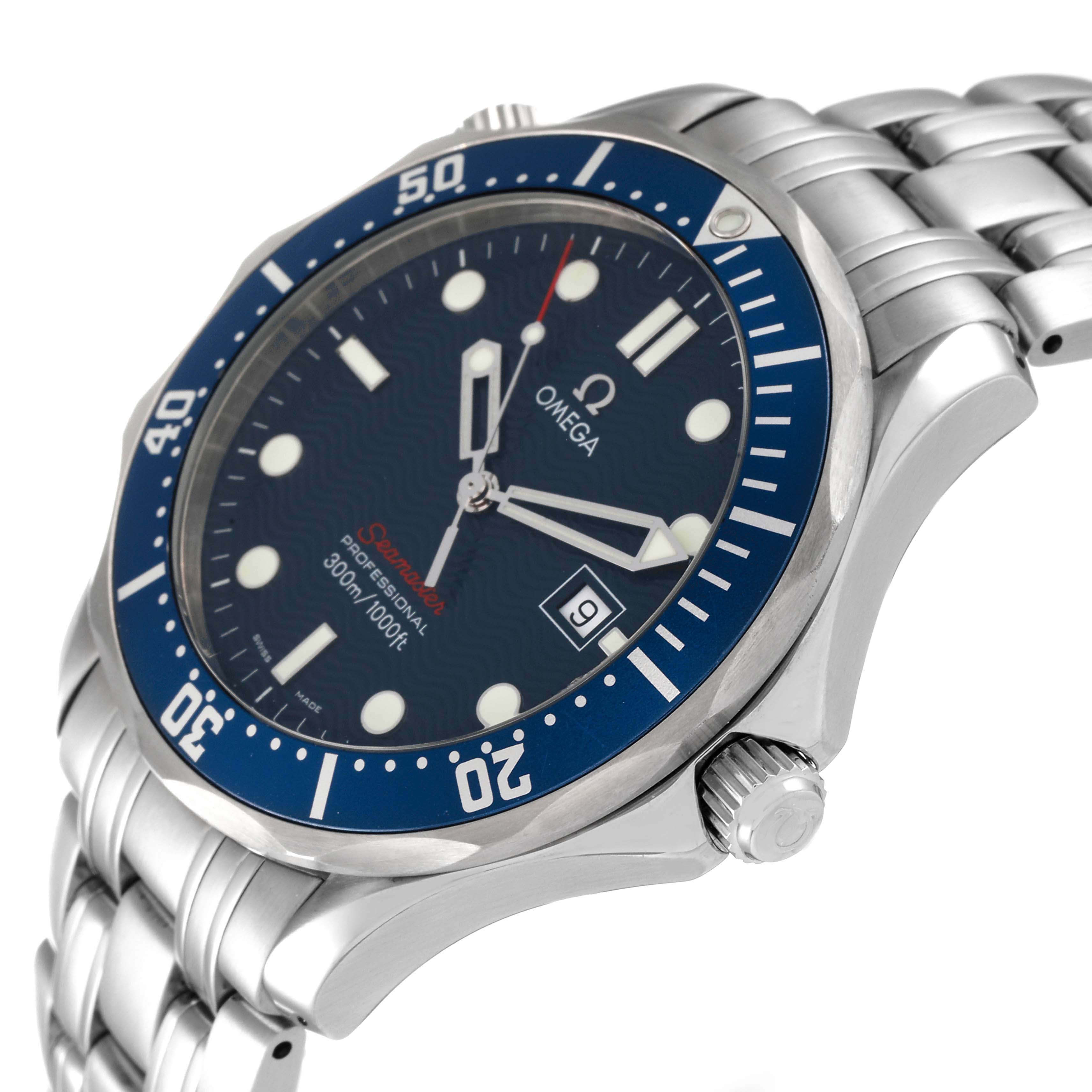 The image shows an Omega Seamaster 2221.80.00 Men's Stainless Steel Blue Dial 2221.80.00 Men's Stainless Steel Blue Dial watch at an angle highlighting the face, bezel, crown, and part of the bracelet.