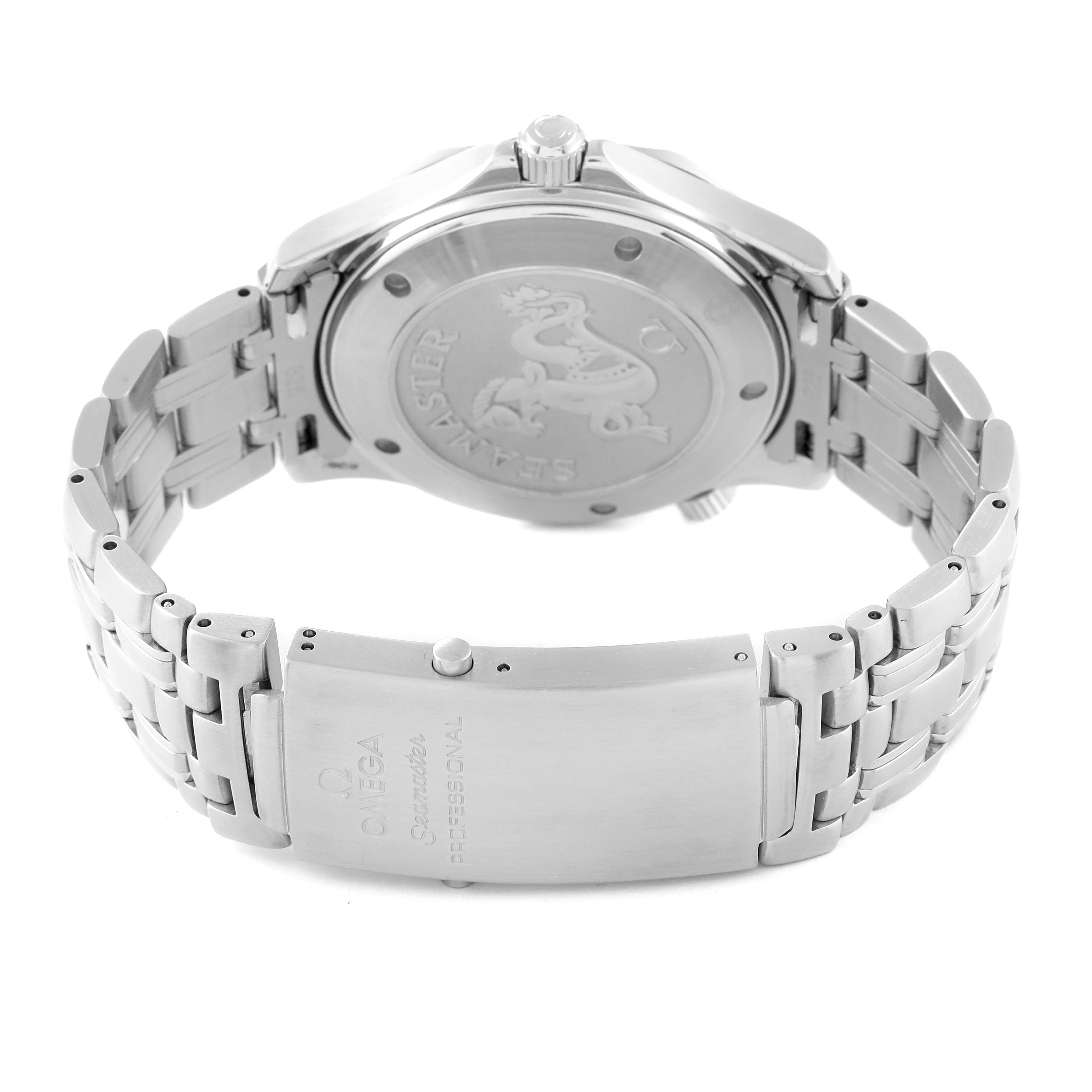 The image shows the back case and clasp of a silver Omega Seamaster 2221.80.00 Men's Stainless Steel Blue Dial 2221.80.00 Men's Stainless Steel Blue Dial watch, highlighting the bracelet and case back engraving.