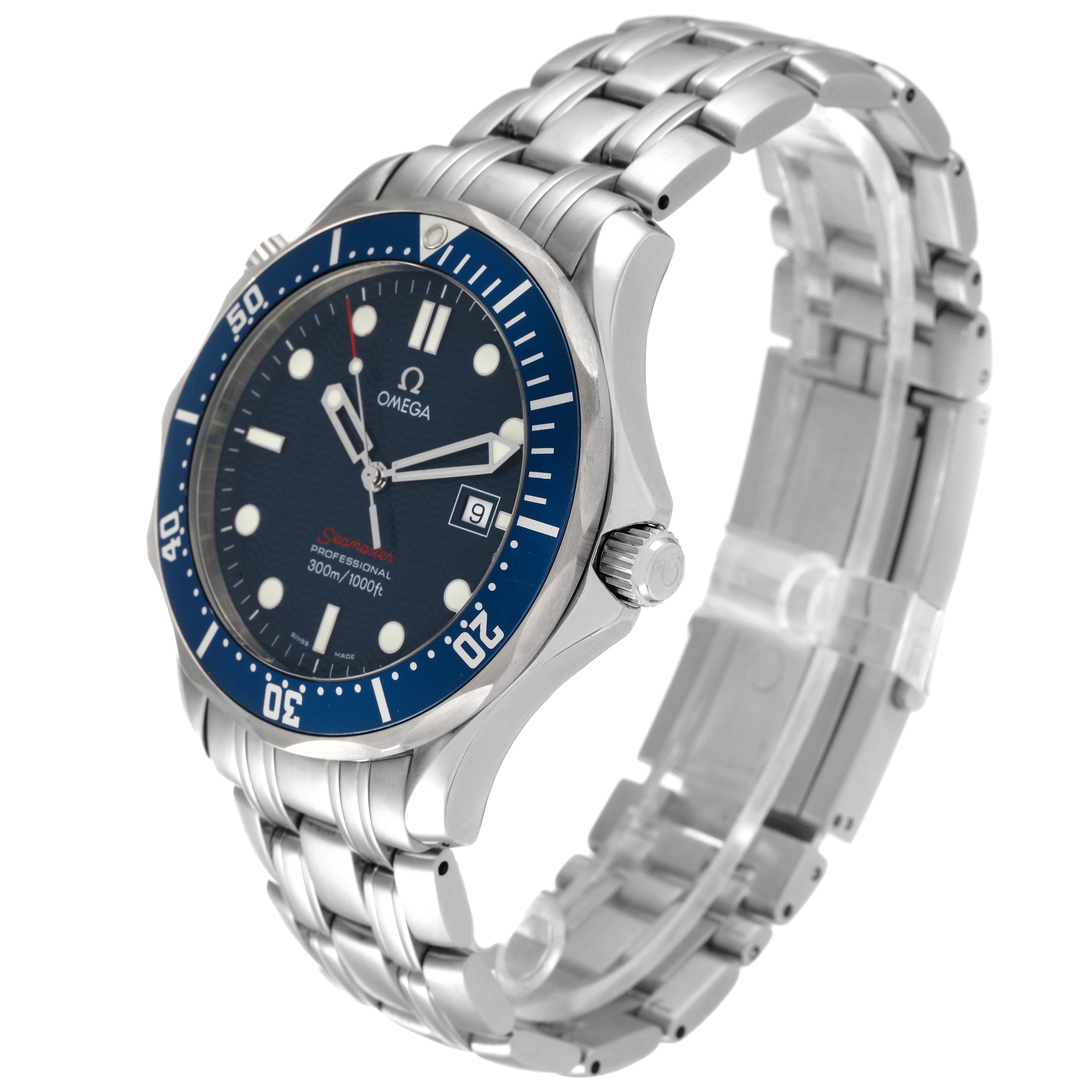 The Omega Seamaster 2221.80.00 Men's Stainless Steel Blue Dial 2221.80.00 Men's Stainless Steel Blue Dial watch is shown at a slight angle displaying its blue dial, bezel, crown, and stainless steel bracelet.