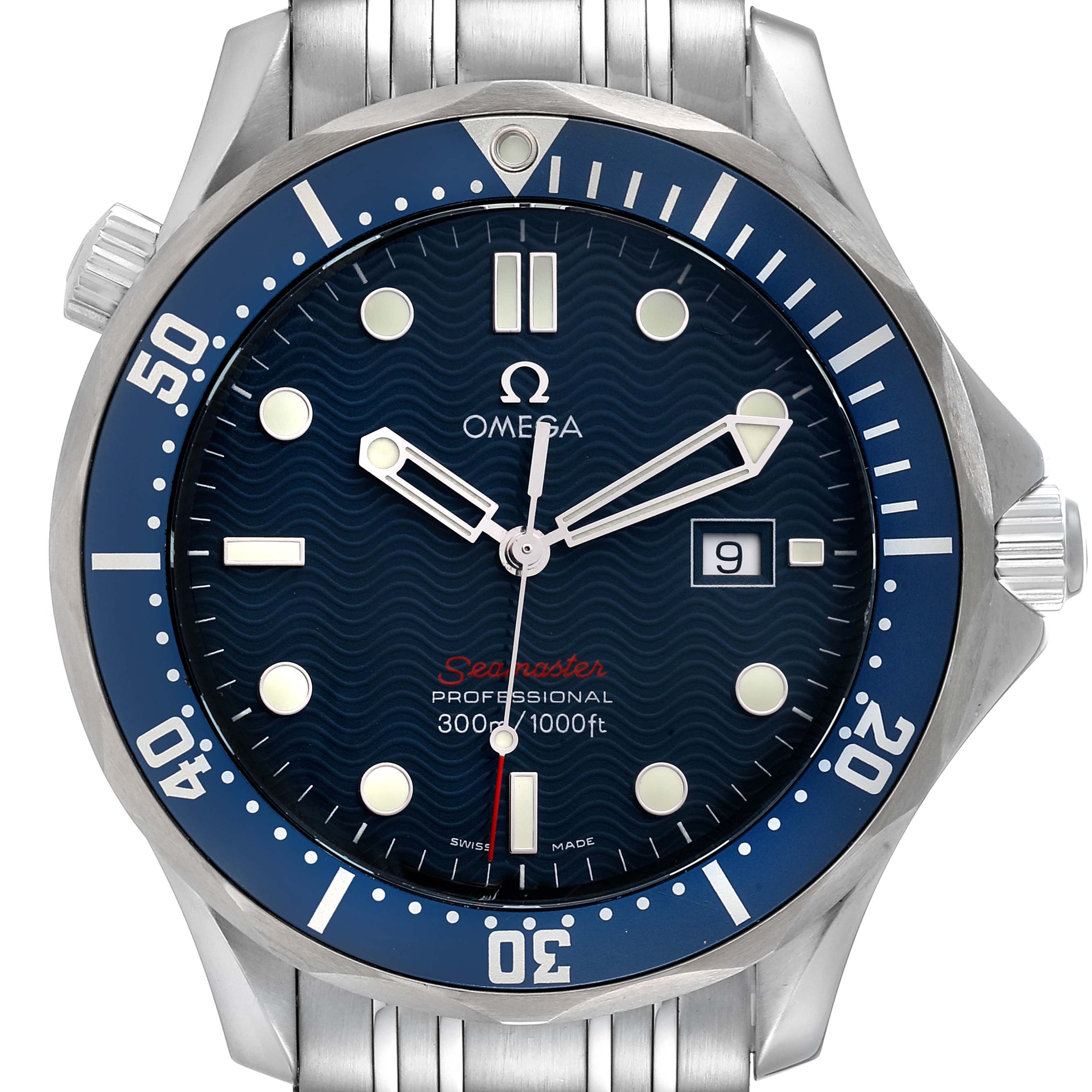 This is a front view of the Omega Seamaster 2221.80.00 Men's Stainless Steel Blue Dial 2221.80.00 Men's Stainless Steel Blue Dial watch showing the dial, hands, bezel, date window, and part of the bracelet.