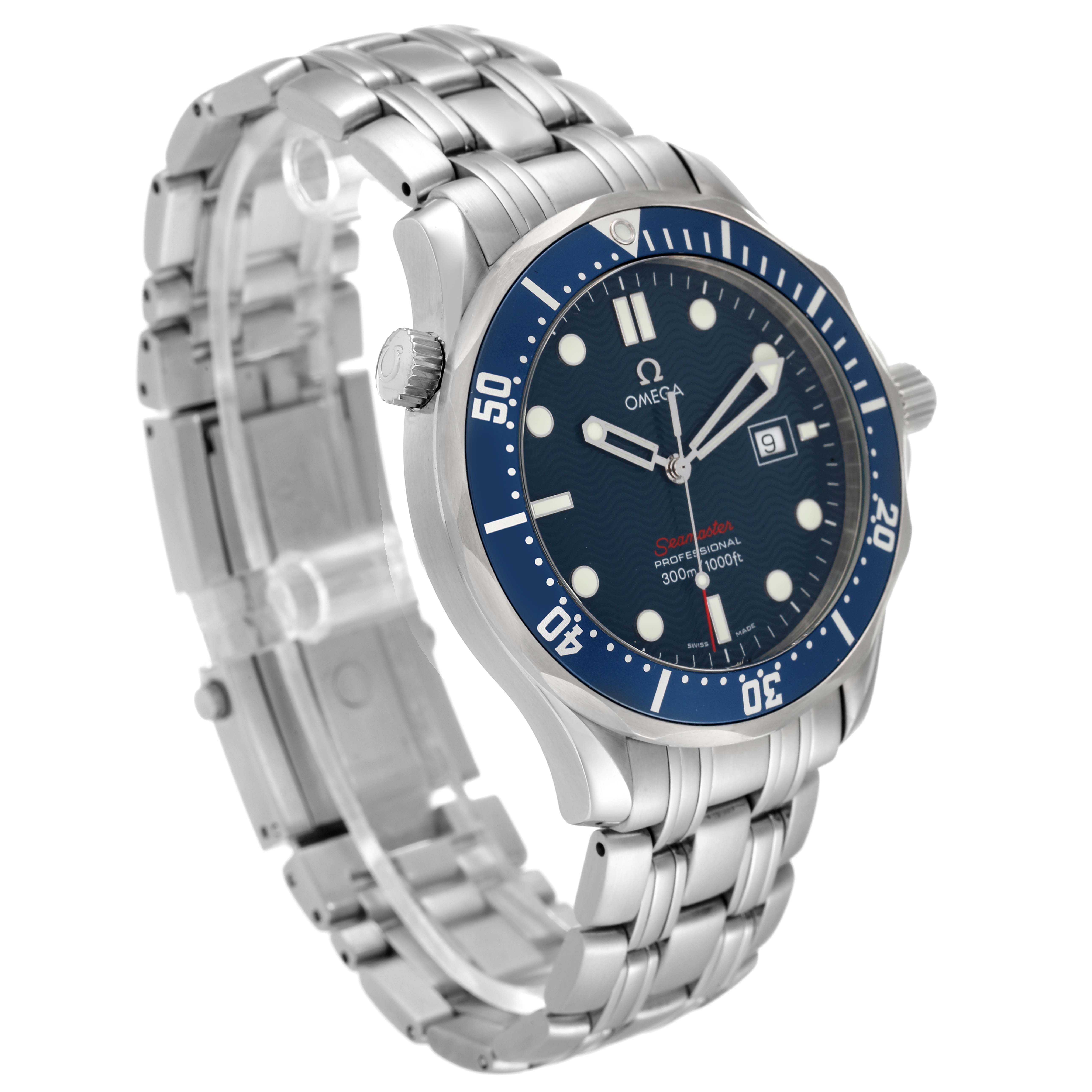The image shows a side angle of the Omega Seamaster 2221.80.00 Men's Stainless Steel Blue Dial 2221.80.00 Men's Stainless Steel Blue Dial watch, highlighting the face, bezel, crown, and stainless steel bracelet.