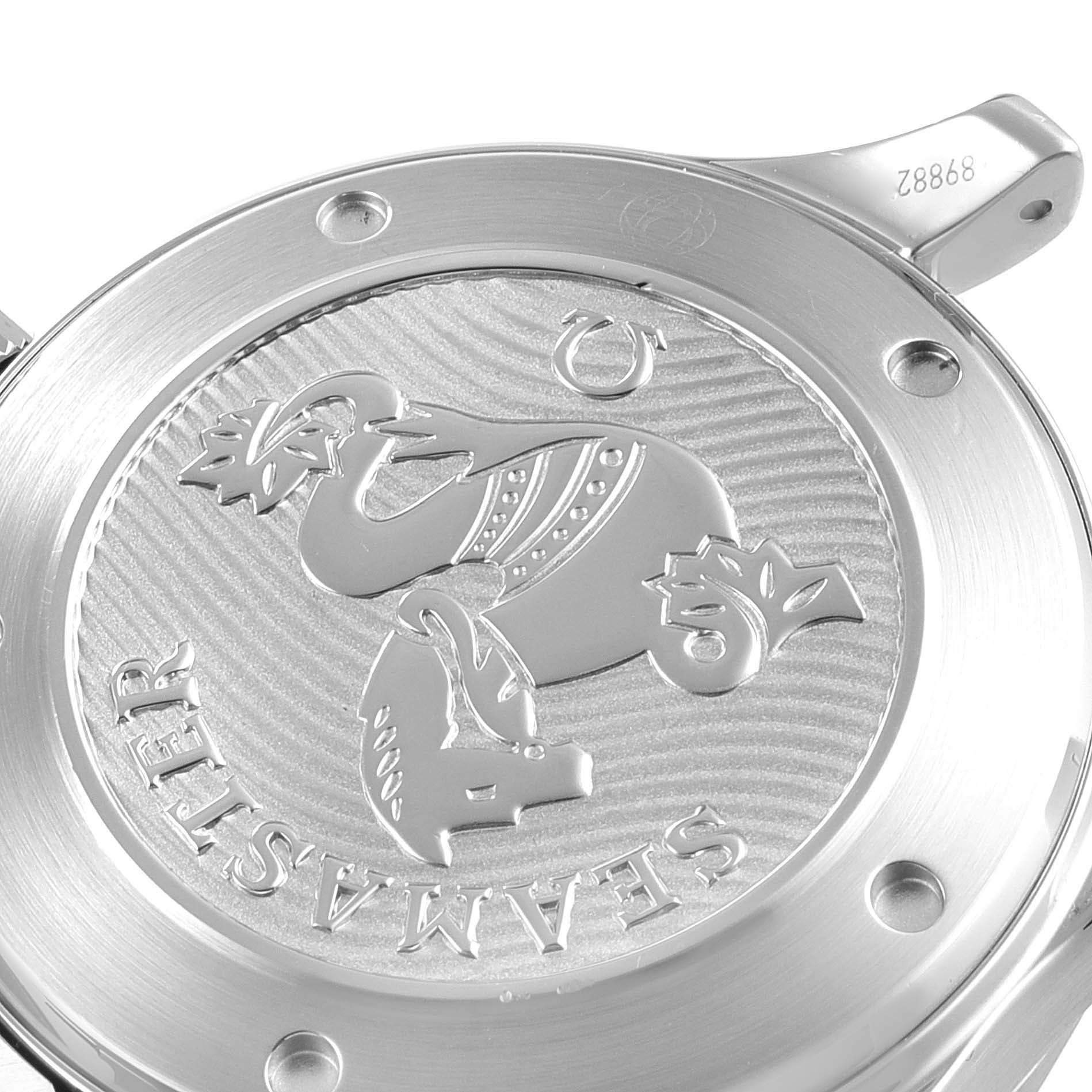 This image shows the back case of an Omega Seamaster 212.30.41.20.01.003 Men's Stainless Steel Black Dial 212.30.41.20.01.003 Men's Stainless Steel Black Dial watch, featuring the distinct engraved logo and model name.