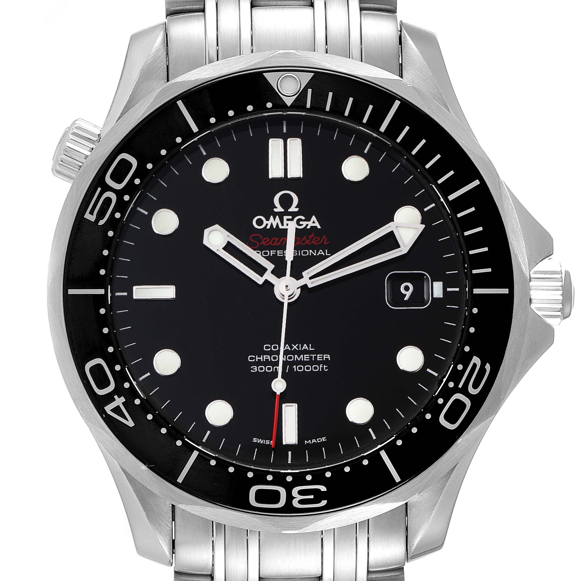 The image shows a front view of the Omega Seamaster 212.30.41.20.01.003 Men's Stainless Steel Black Dial 212.30.41.20.01.003 Men's Stainless Steel Black Dial watch, highlighting the dial, bezel, and crown.