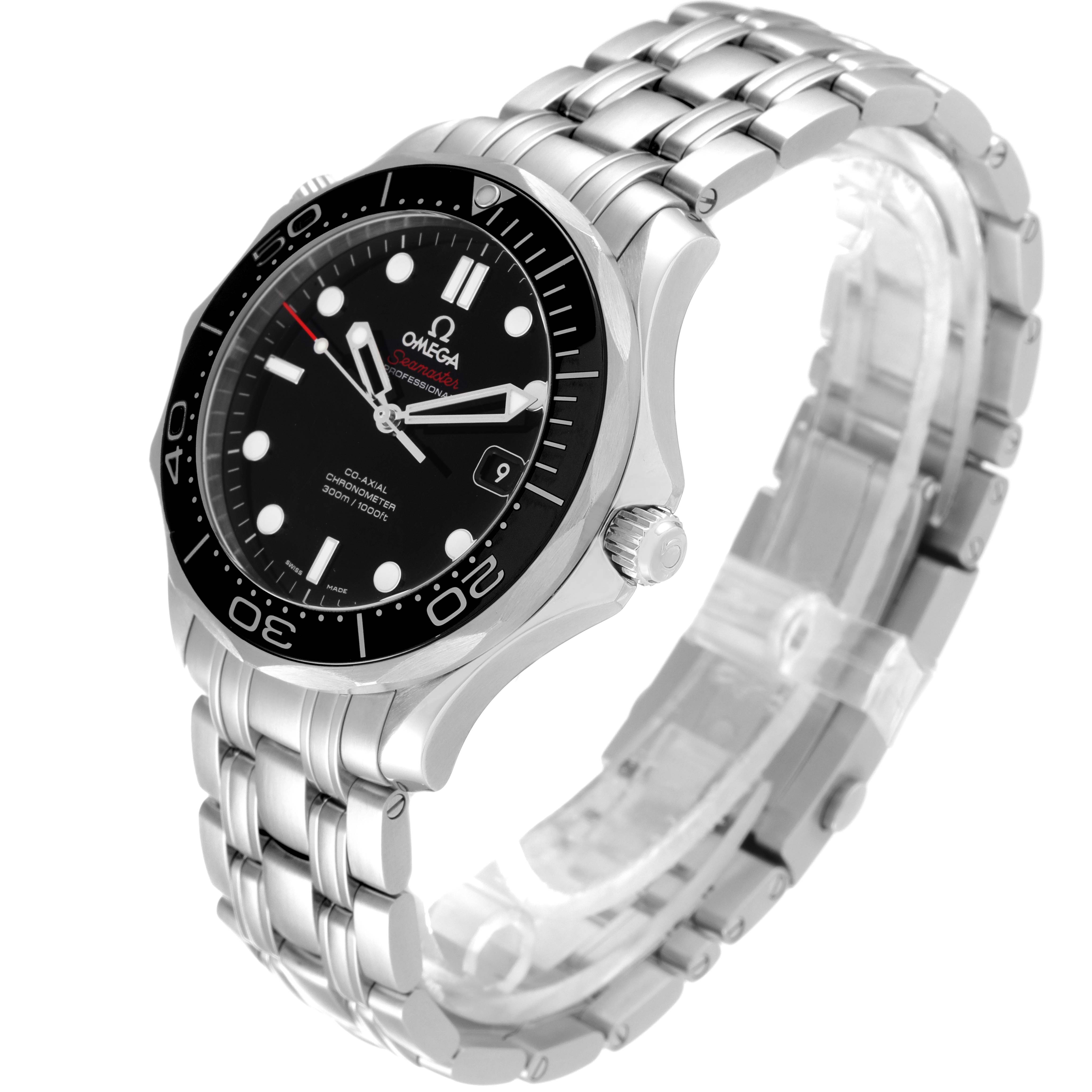 This image shows an angled view of an Omega Seamaster 212.30.41.20.01.003 Men's Stainless Steel Black Dial 212.30.41.20.01.003 Men's Stainless Steel Black Dial watch, highlighting its face, bezel, crown, and metal bracelet.