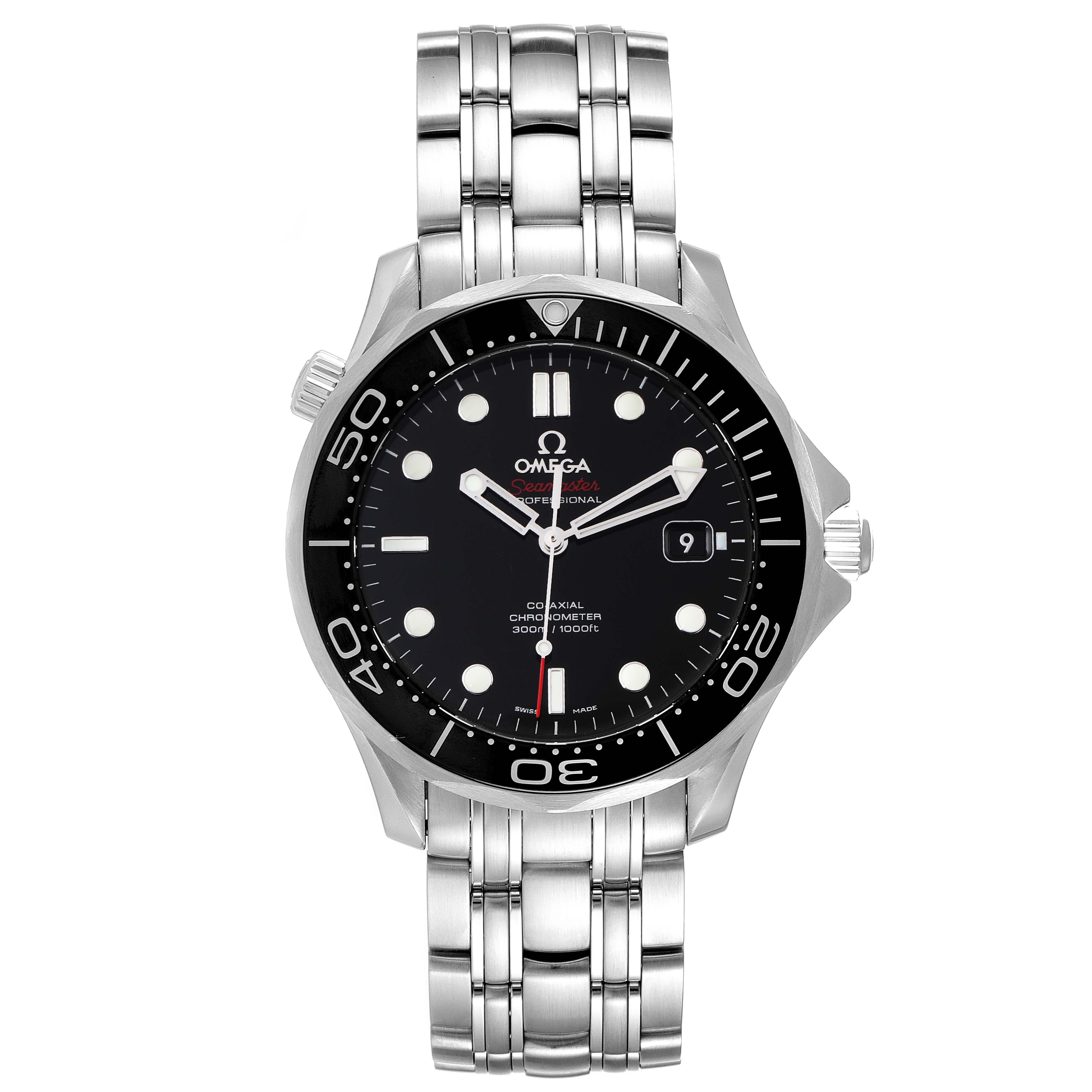 This is a front view of the Omega Seamaster 212.30.41.20.01.003 Men's Stainless Steel Black Dial 212.30.41.20.01.003 Men's Stainless Steel Black Dial watch, showing its dial, bezel, crown, and metal bracelet.