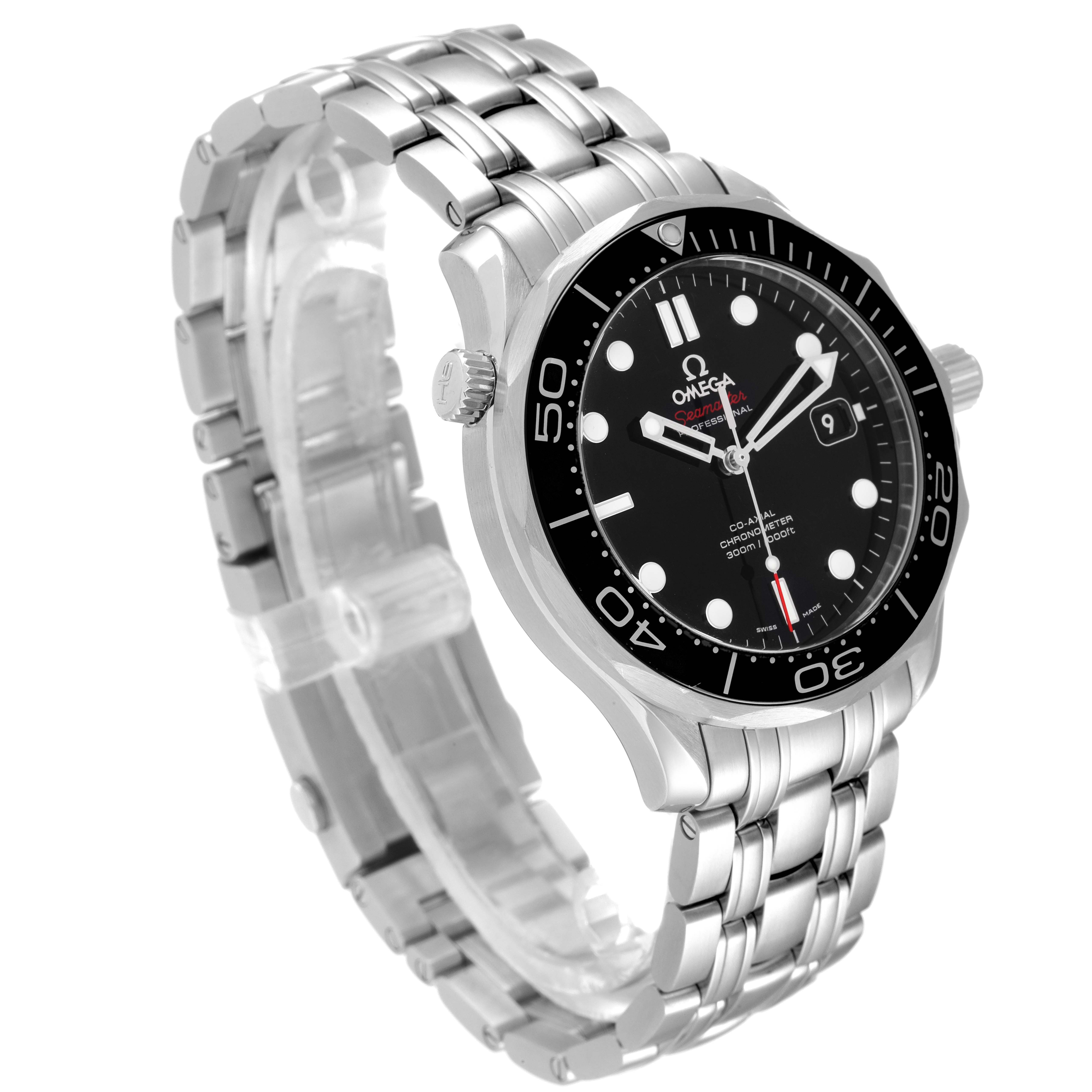 The image shows a front-left angle of the Omega Seamaster 212.30.41.20.01.003 Men's Stainless Steel Black Dial 212.30.41.20.01.003 Men's Stainless Steel Black Dial watch, highlighting its black dial, stainless steel case, and bracelet.