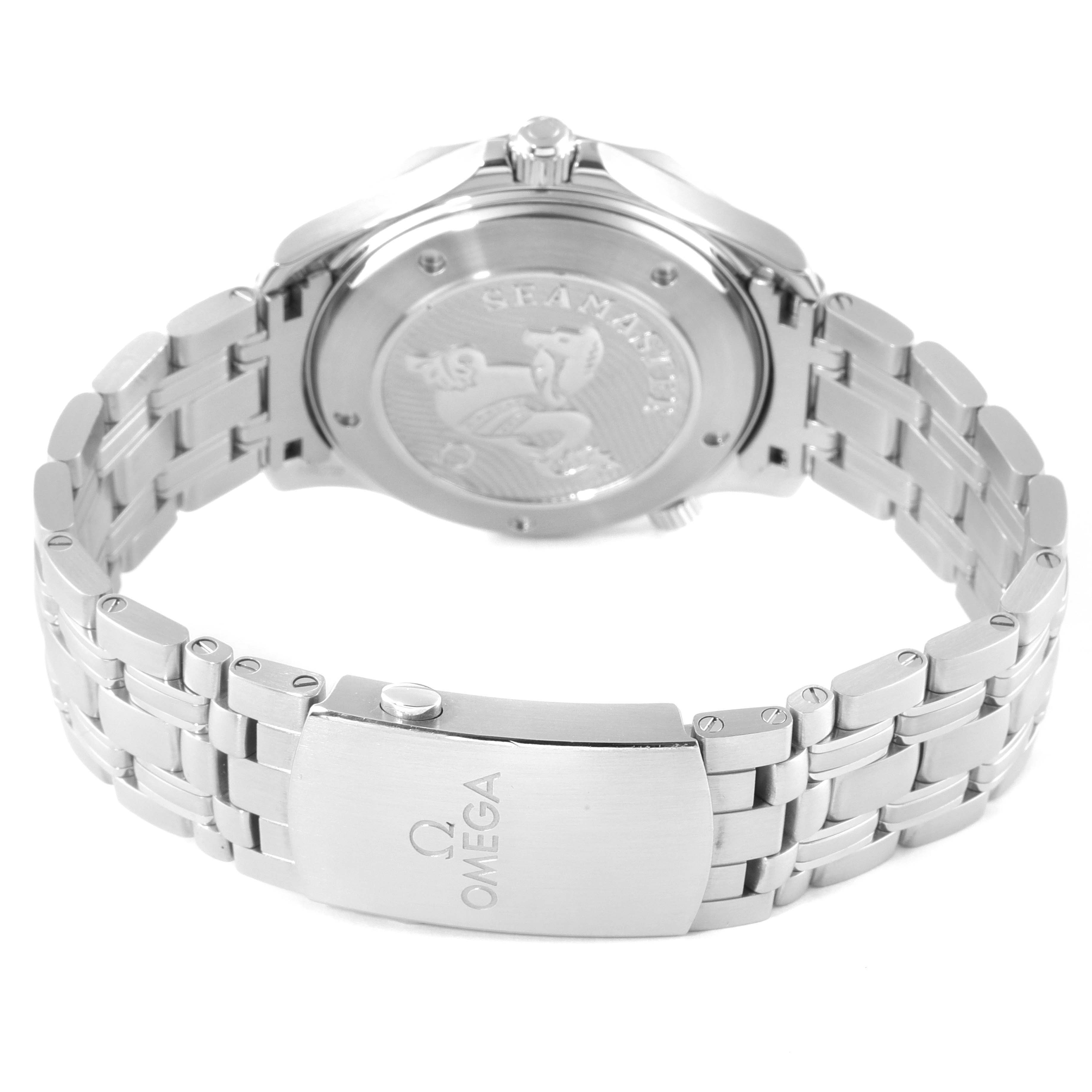 The image shows the back of an Omega Seamaster 212.30.41.20.01.003 Men's Stainless Steel Black Dial 212.30.41.20.01.003 Men's Stainless Steel Black Dial watch, highlighting the case back and the metal bracelet with the Omega logo on the clasp.