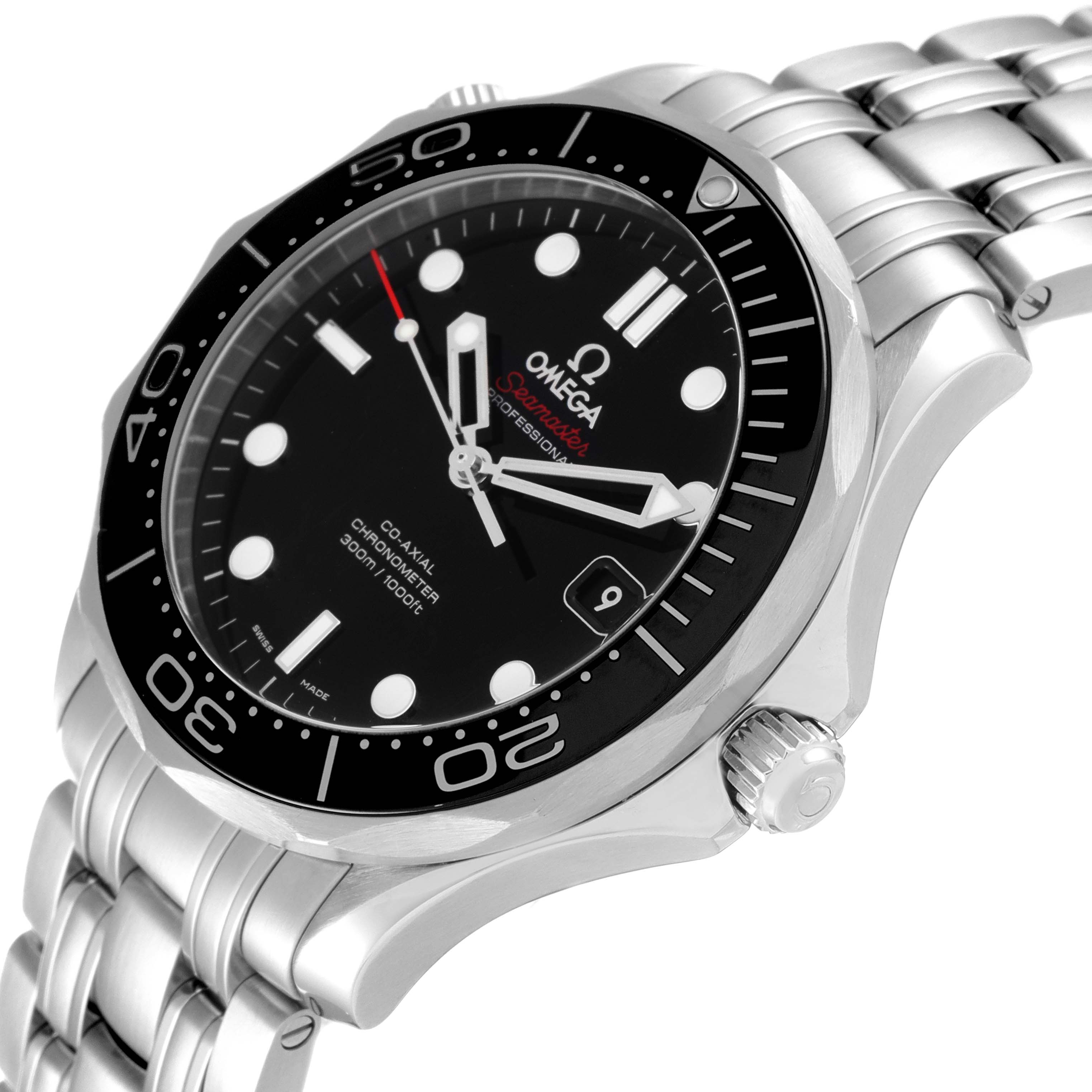 The image shows the Omega Seamaster 212.30.41.20.01.003 Men's Stainless Steel Black Dial 212.30.41.20.01.003 Men's Stainless Steel Black Dial watch at an angle showcasing the dial, bezel, crown, and bracelet.