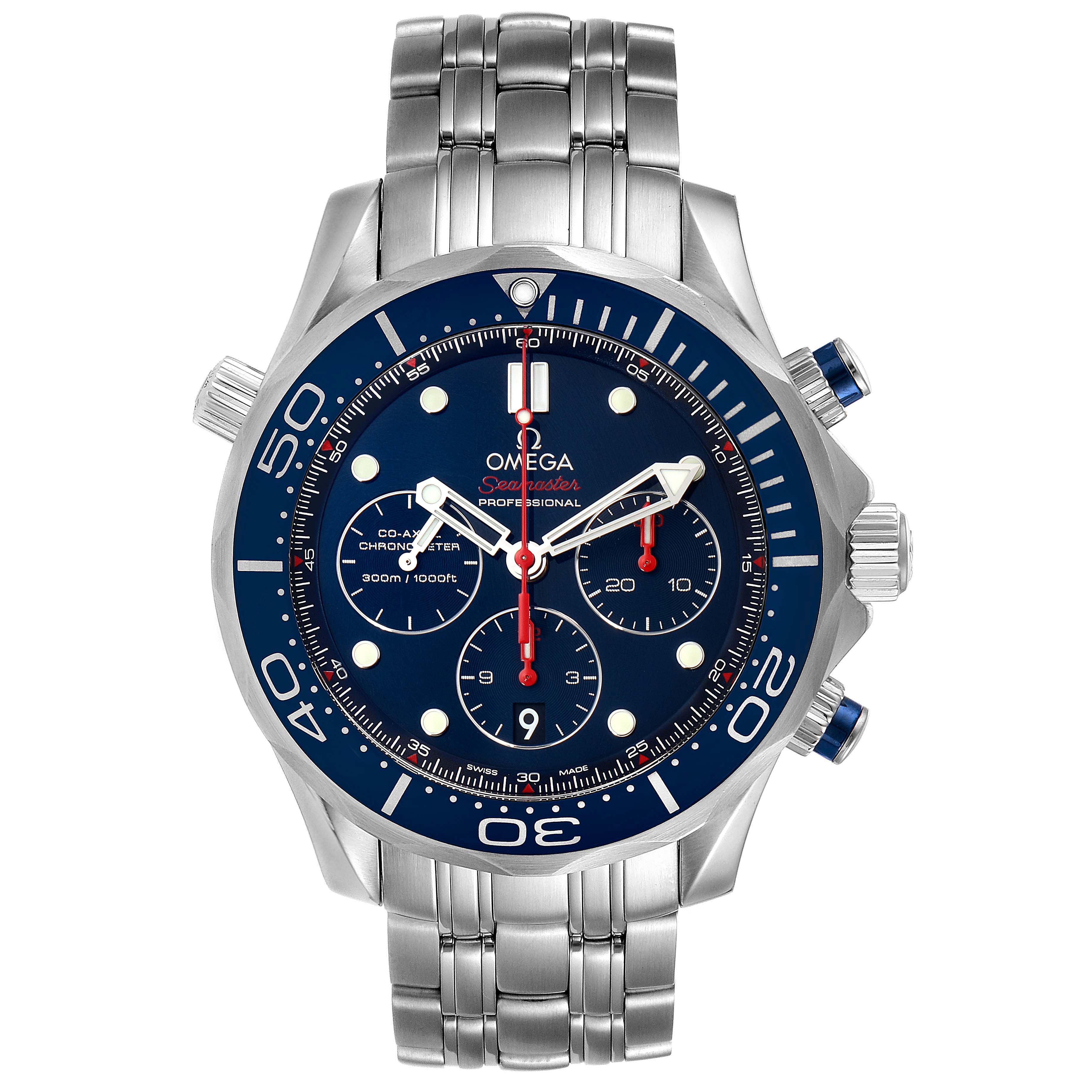 The image shows a front view of the Omega Seamaster 212.30.44.50.03.001 Men
s Stainless Steel Blue Dial 212.30.44.50.03.001 Men
s Stainless Steel Blue Dial watch, displaying its face, bezel, crown, pushers, and metal bracelet.