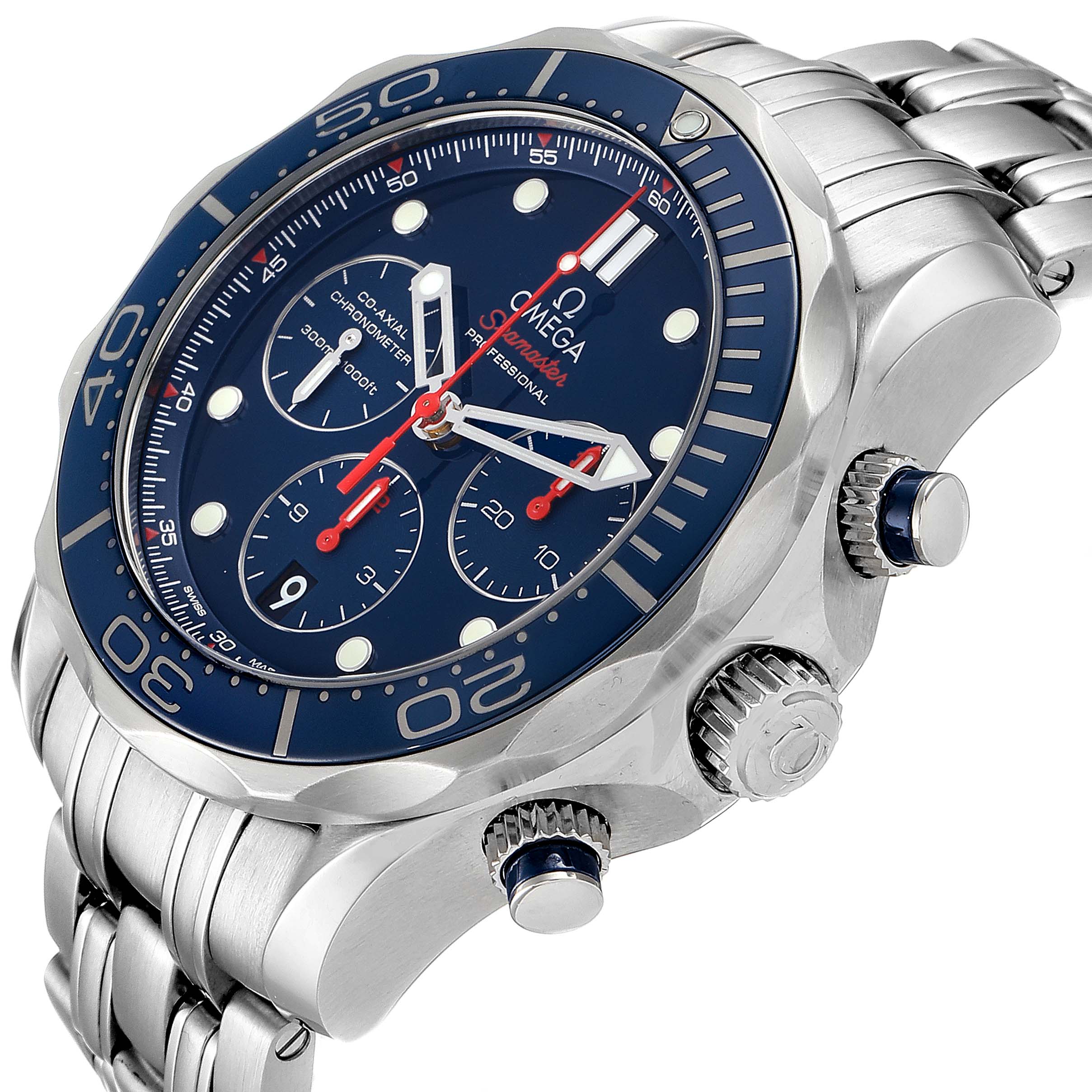 This image showcases the Omega Seamaster 212.30.44.50.03.001 Men
s Stainless Steel Blue Dial 212.30.44.50.03.001 Men
s Stainless Steel Blue Dial watch, featuring its blue dial, bezel, chronograph subdials, crown, and stainless steel bracelet.