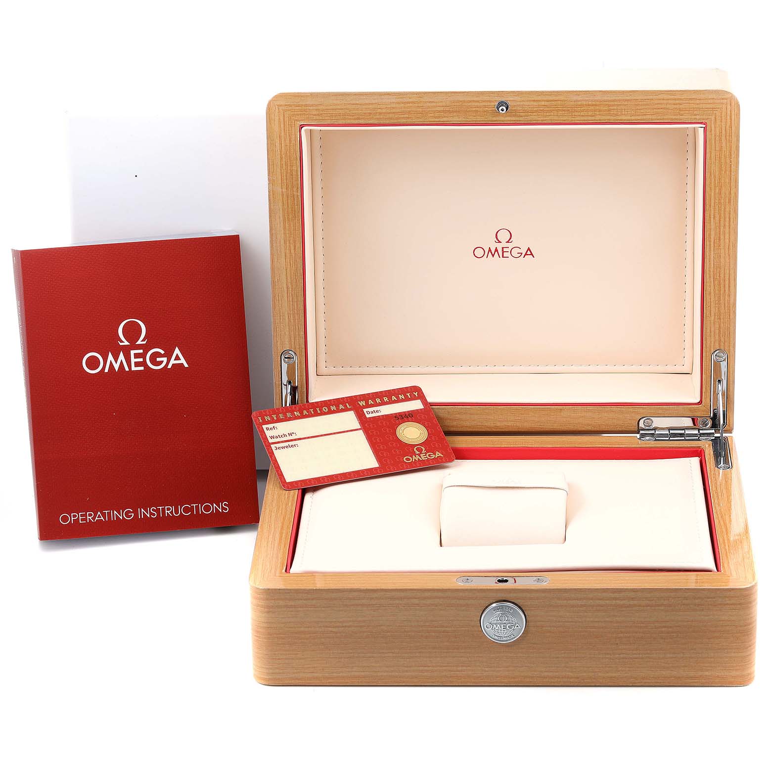 This image shows the open box, instruction manual, and warranty card for an Omega Seamaster 212.30.44.50.03.001 Men
s Stainless Steel Blue Dial 212.30.44.50.03.001 Men
s Stainless Steel Blue Dial model watch.
