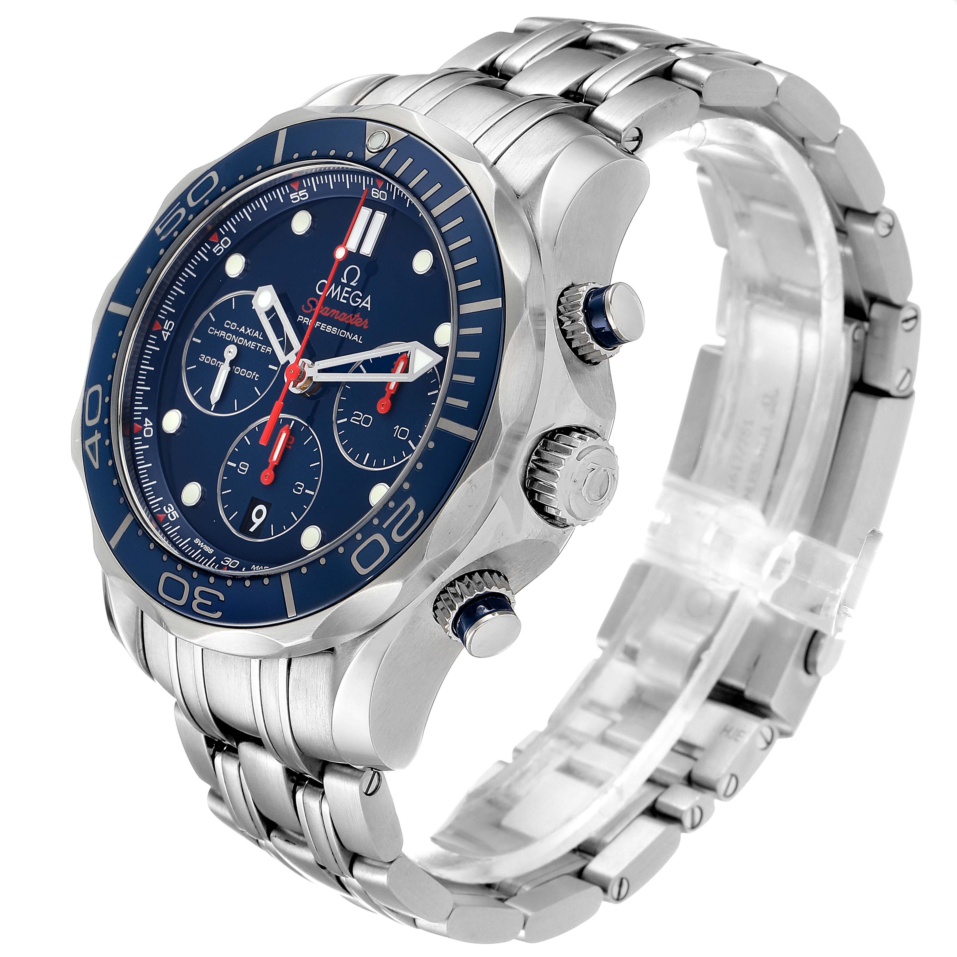 The image shows a side angle of the Omega Seamaster 212.30.44.50.03.001 Men
s Stainless Steel Blue Dial 212.30.44.50.03.001 Men
s Stainless Steel Blue Dial watch, highlighting its blue dial, stainless steel bracelet, and chronograph features.