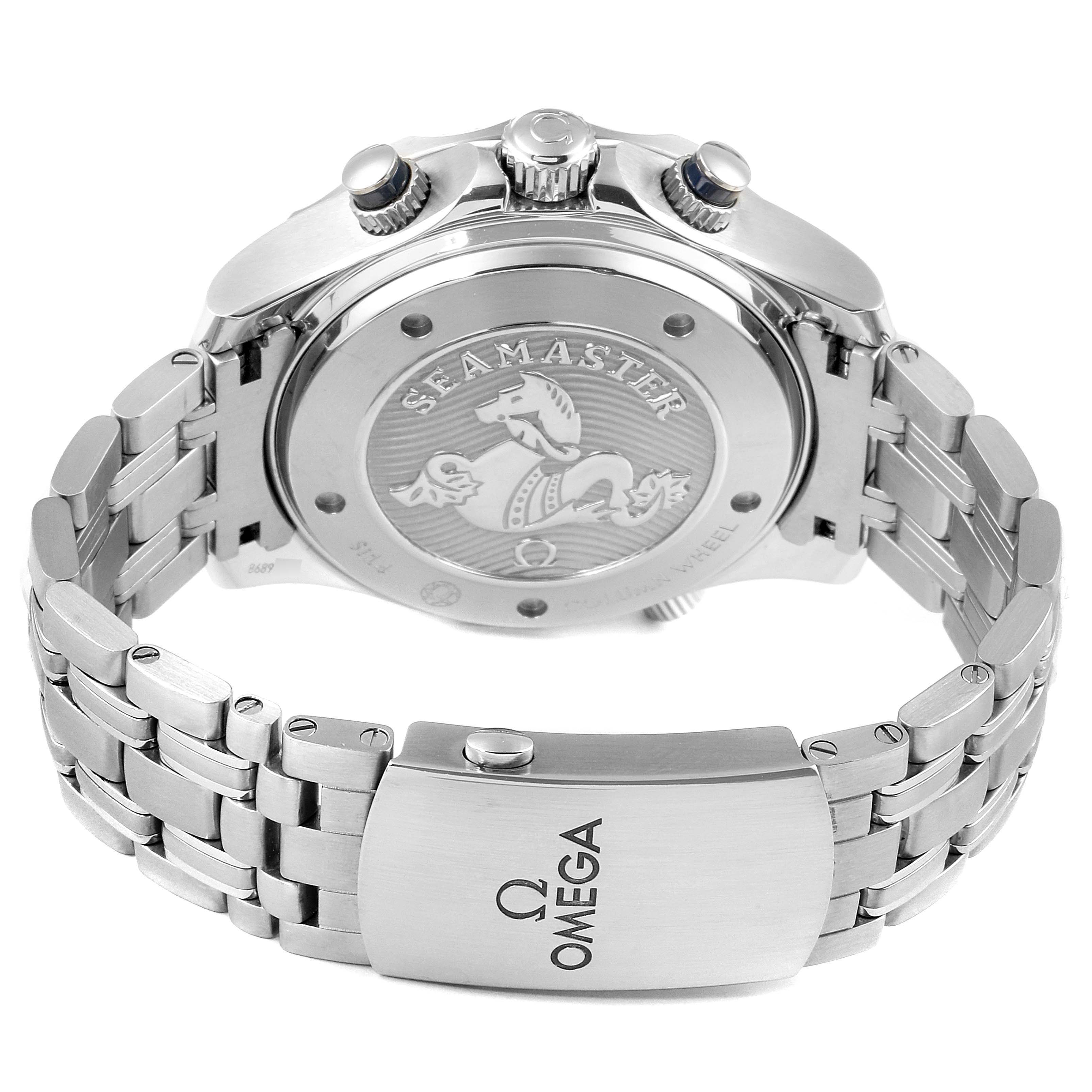 The image shows a rear view of an Omega Seamaster 212.30.44.50.03.001 Men
s Stainless Steel Blue Dial 212.30.44.50.03.001 Men
s Stainless Steel Blue Dial watch, highlighting the case back, crown, and stainless steel bracelet with the Omega logo.