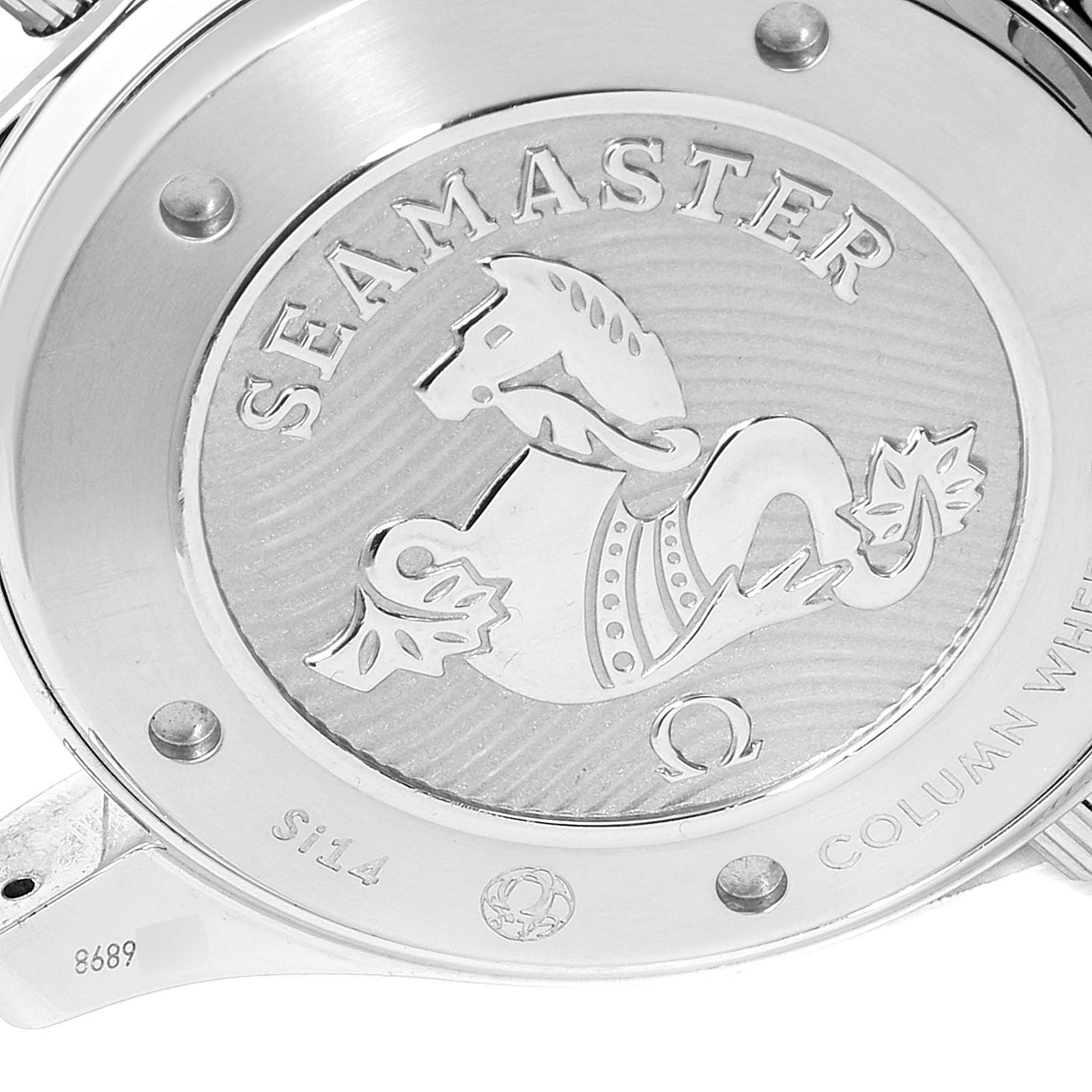 This image shows the back case of an Omega Seamaster 212.30.44.50.03.001 Men
s Stainless Steel Blue Dial 212.30.44.50.03.001 Men
s Stainless Steel Blue Dial watch, highlighting the engravings and logo.