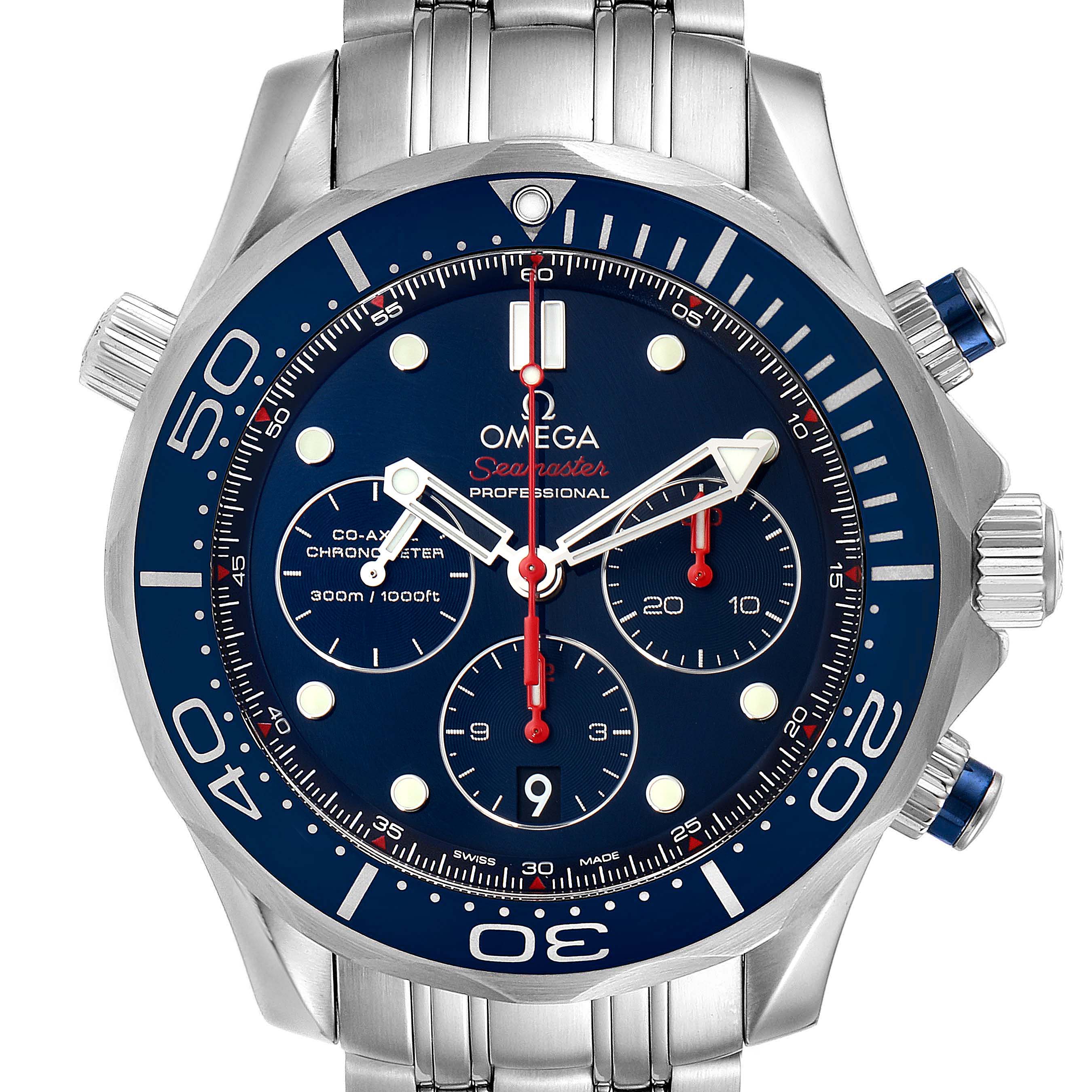 The image shows a frontal view of the Omega Seamaster 212.30.44.50.03.001 Men
s Stainless Steel Blue Dial 212.30.44.50.03.001 Men
s Stainless Steel Blue Dial watch, highlighting the dial, bezel, and metal bracelet.