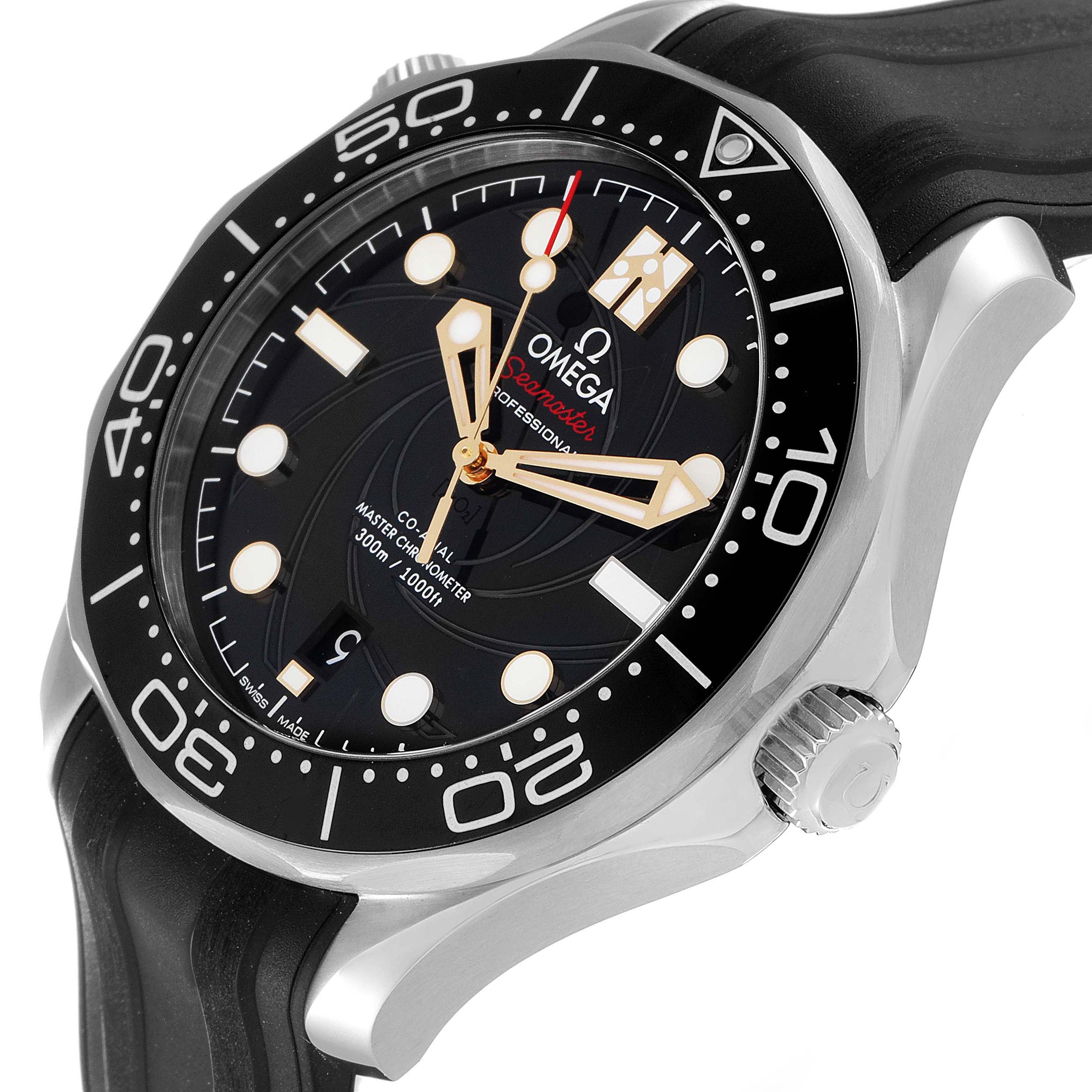 The image shows an angled view of an Omega Seamaster 210.22.42.20.01.004 Men's Stainless Steel Black Dial 210.22.42.20.01.004 Men's Stainless Steel Black Dial watch, highlighting the bezel, dial, and crown with a black rubber strap.