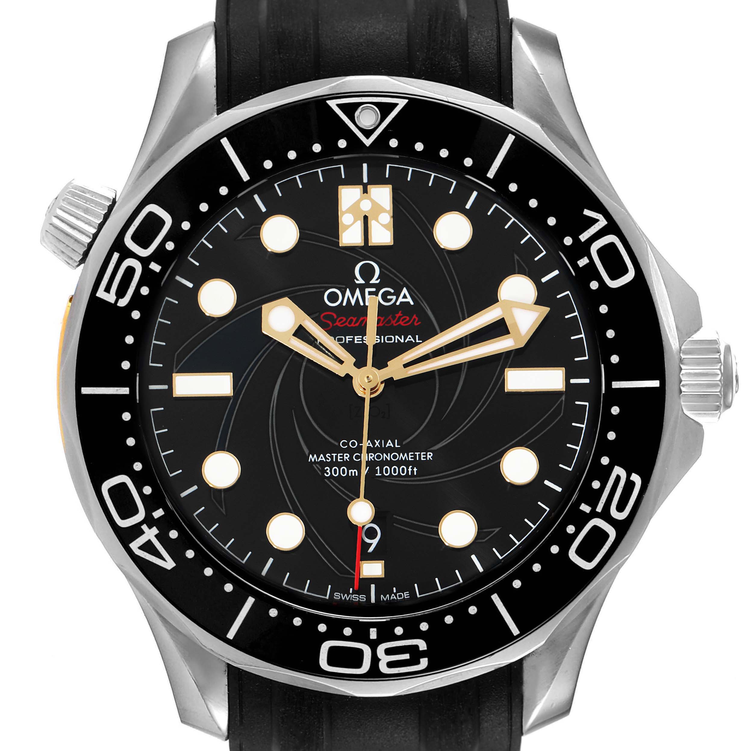 The image shows a front view of an Omega Seamaster 210.22.42.20.01.004 Men's Stainless Steel Black Dial 210.22.42.20.01.004 Men's Stainless Steel Black Dial watch, highlighting its dial, bezel, and part of the rubber strap.