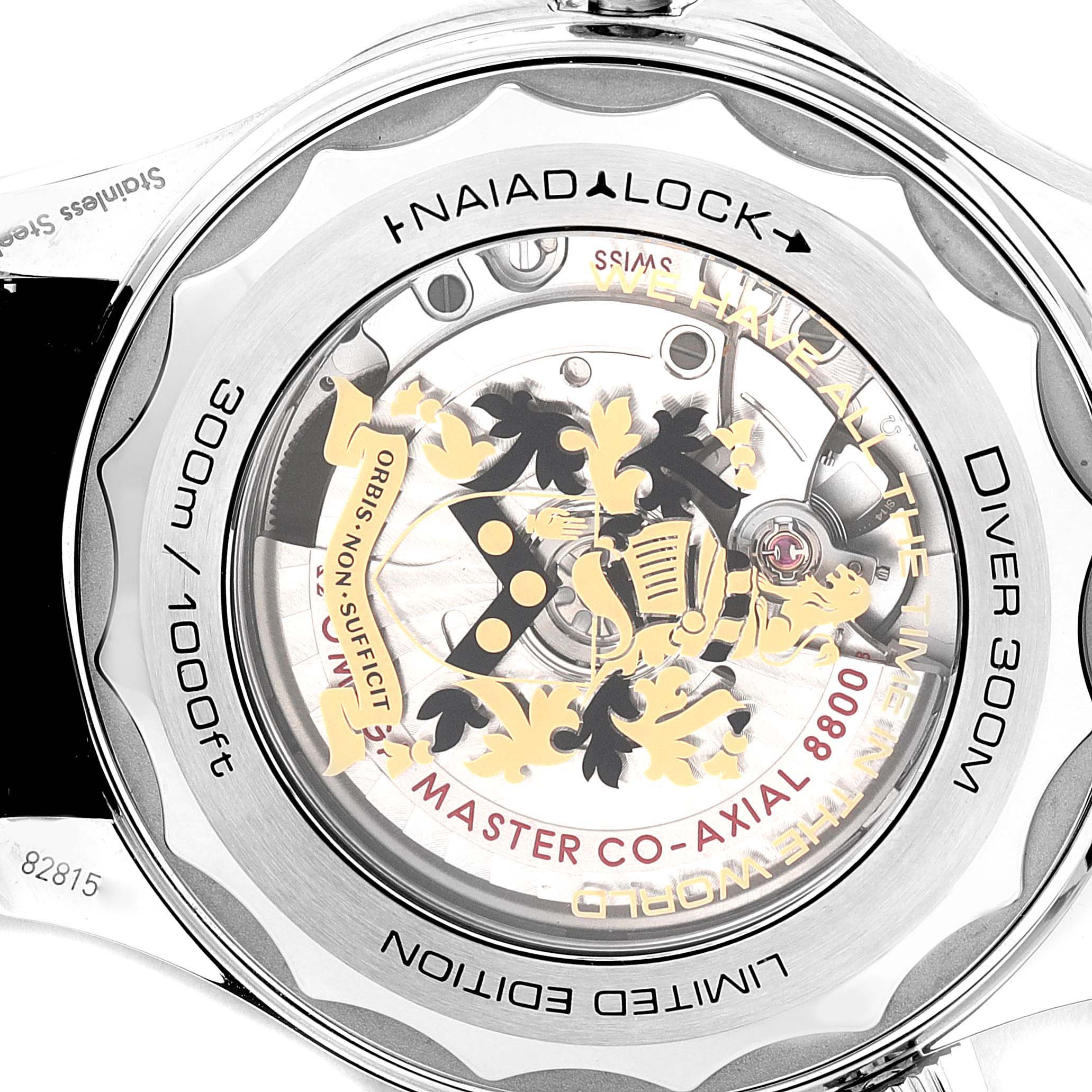 The image shows the back view of an Omega Seamaster 210.22.42.20.01.004 Men's Stainless Steel Black Dial 210.22.42.20.01.004 Men's Stainless Steel Black Dial watch, displaying its intricate internal mechanism and specifications.