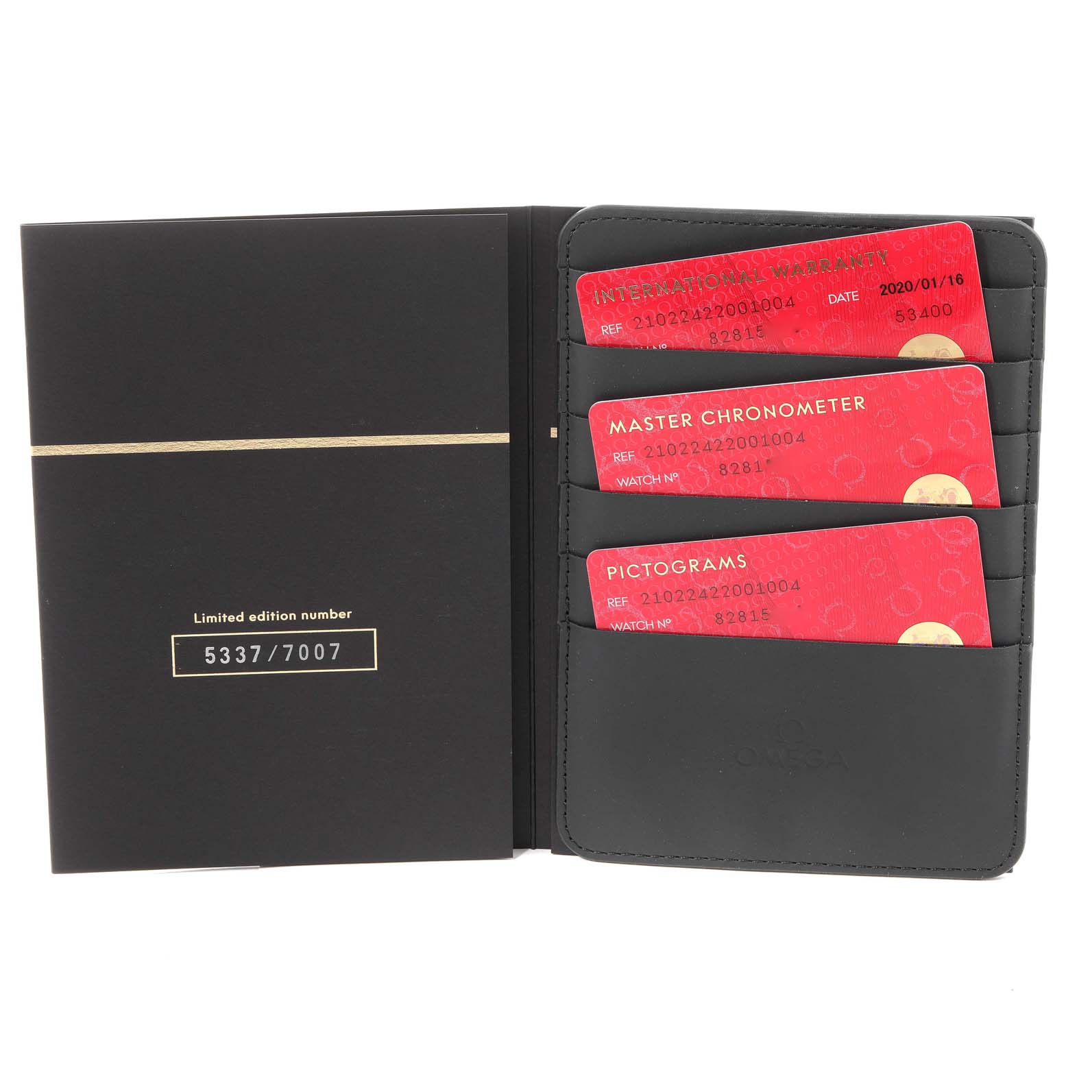 The image shows the warranty cards and the limited edition number card for an Omega Seamaster 210.22.42.20.01.004 Men's Stainless Steel Black Dial 210.22.42.20.01.004 Men's Stainless Steel Black Dial watch in a black cardholder.