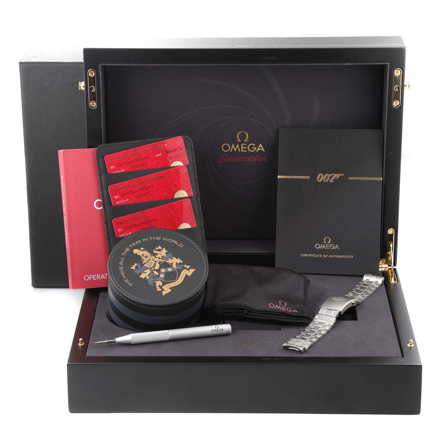 This image shows an Omega Seamaster 210.22.42.20.01.004 Men's Stainless Steel Black Dial 210.22.42.20.01.004 Men's Stainless Steel Black Dial watch box with papers, an additional bracelet, a tool, and official booklets.