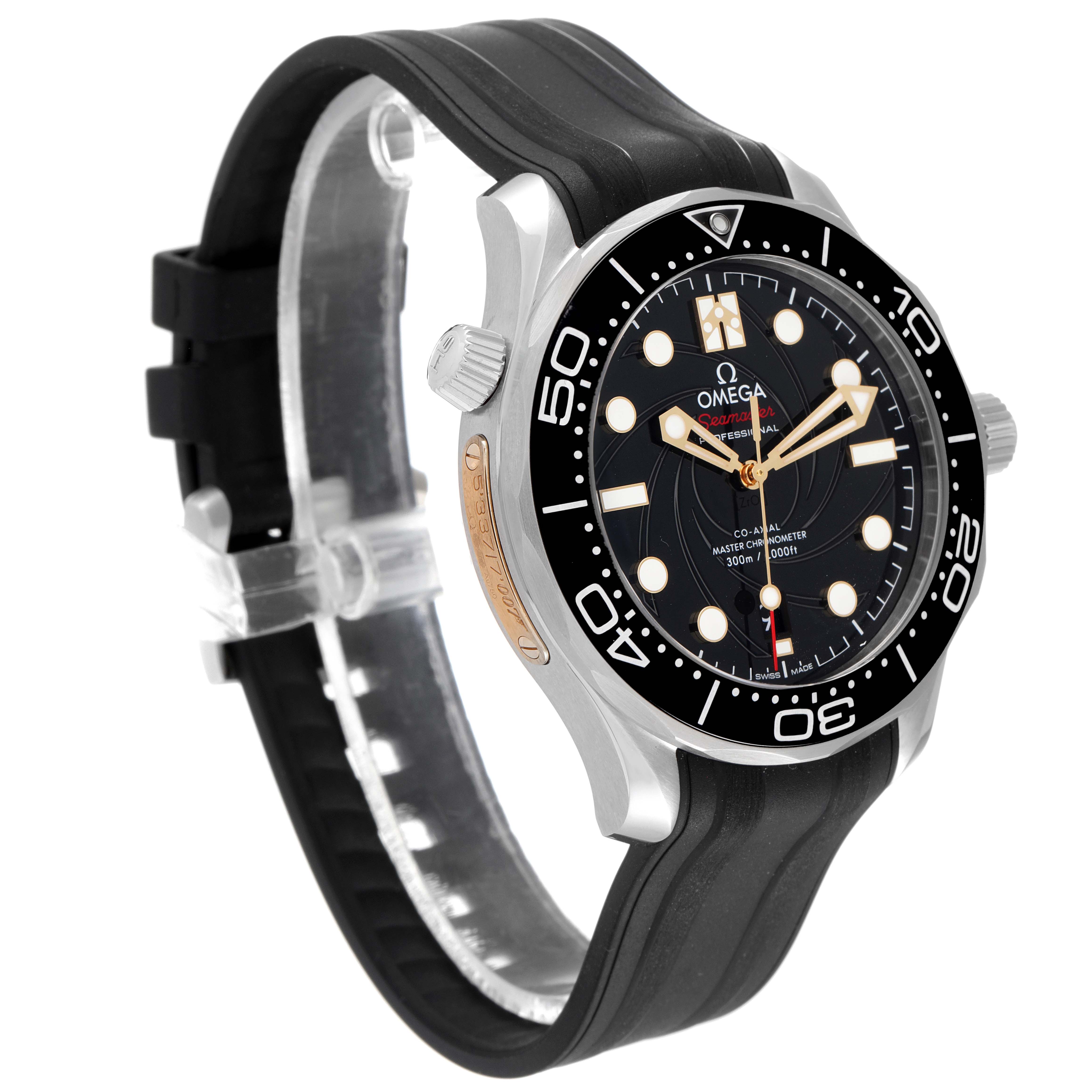 The image shows a front-angled view of an Omega Seamaster 210.22.42.20.01.004 Men's Stainless Steel Black Dial 210.22.42.20.01.004 Men's Stainless Steel Black Dial watch with a black rubber strap and a black dial.