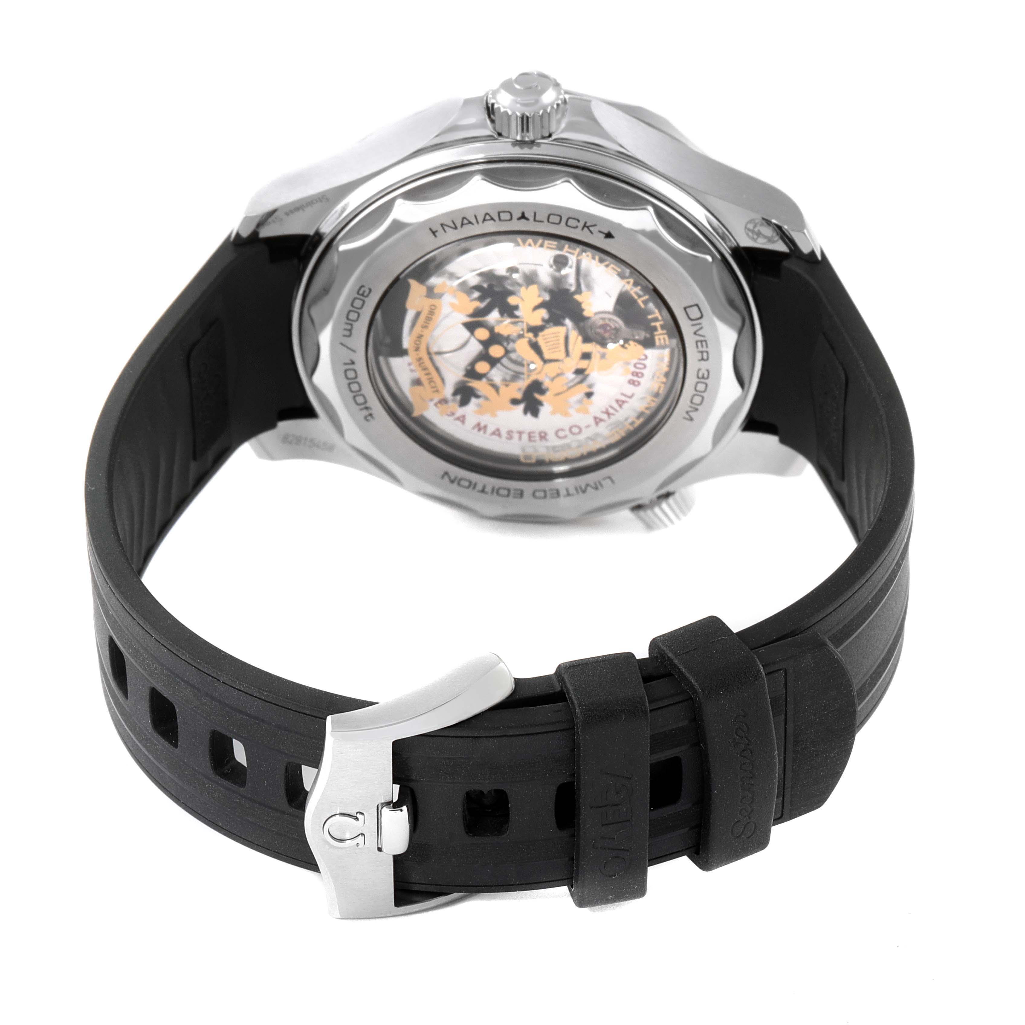 The image shows the back view of the Omega Seamaster 210.22.42.20.01.004 Men's Stainless Steel Black Dial 210.22.42.20.01.004 Men's Stainless Steel Black Dial watch, highlighting its transparent case back and black rubber strap.