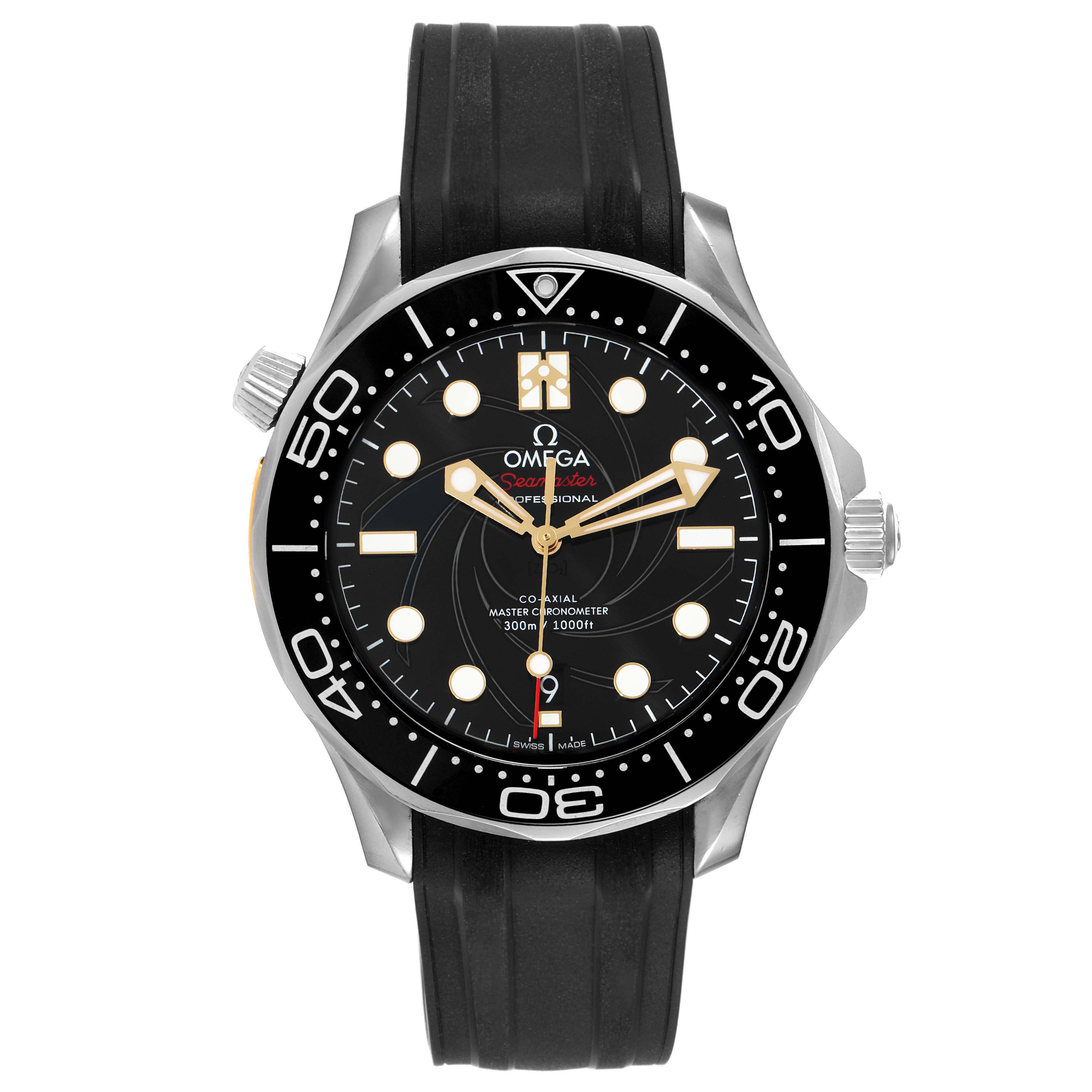 This image shows a front view of the Omega Seamaster 210.22.42.20.01.004 Men's Stainless Steel Black Dial 210.22.42.20.01.004 Men's Stainless Steel Black Dial watch, highlighting its dial, bezel, and black rubber strap.