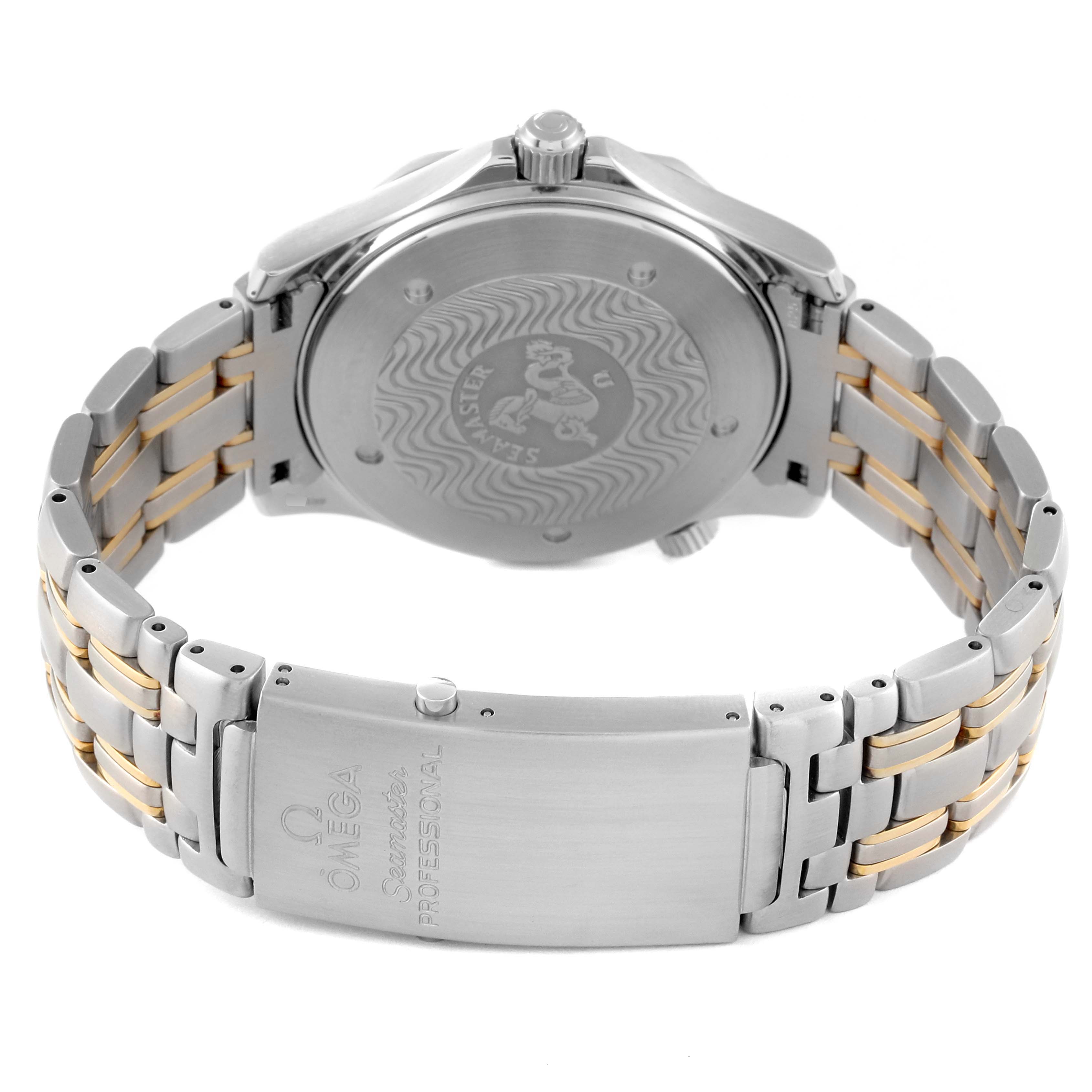 This image shows the back case and clasp of an Omega Seamaster 2455.50.00 Men's Steel and Gold (two tone) Black Dial 2455.50.00 Men's Steel and Gold (two tone) Black Dial watch, revealing the bracelet and engraved details.