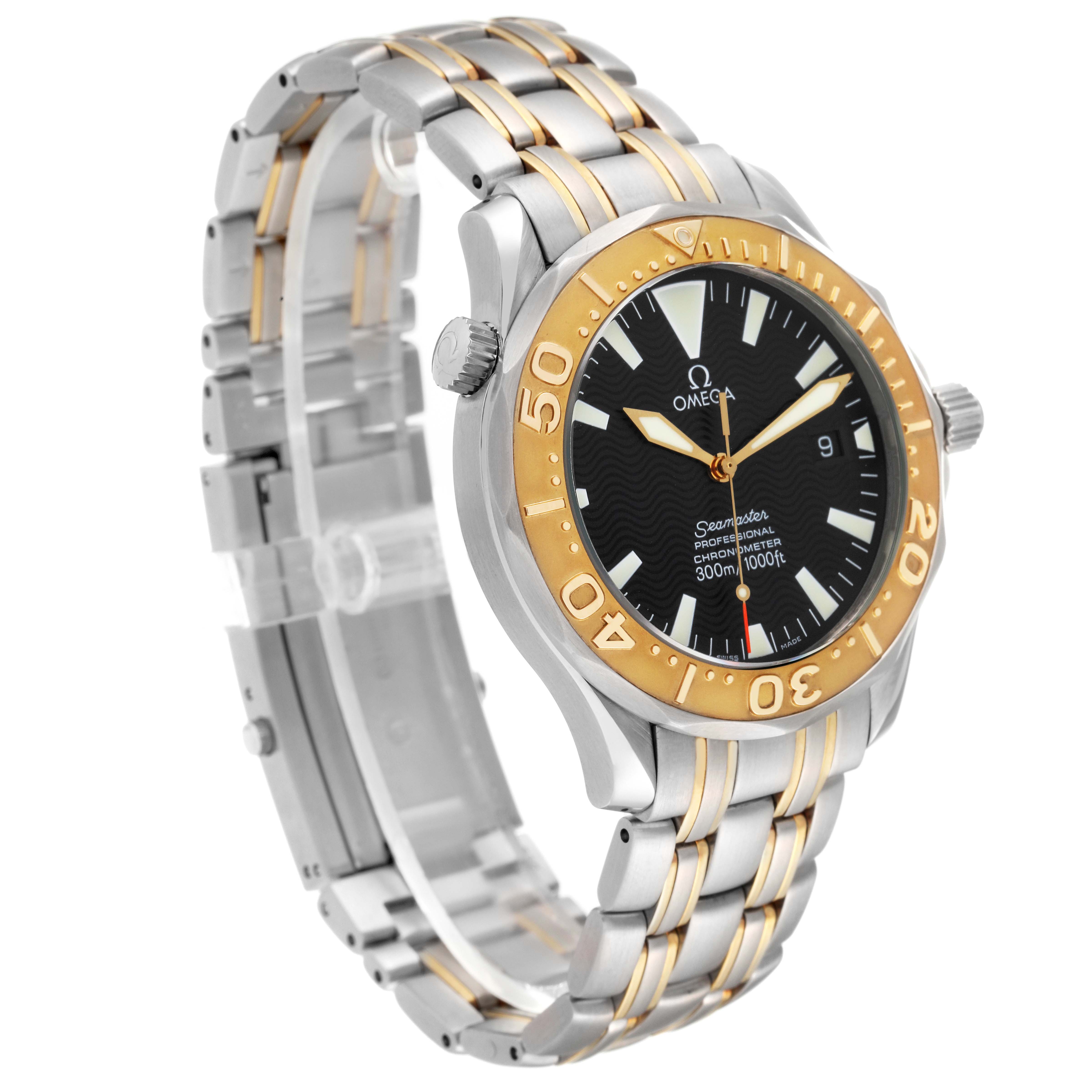 This image shows an angled view of the Omega Seamaster 2455.50.00 Men's Steel and Gold (two tone) Black Dial 2455.50.00 Men's Steel and Gold (two tone) Black Dial watch, highlighting the face, bezel, and two-tone strap.
