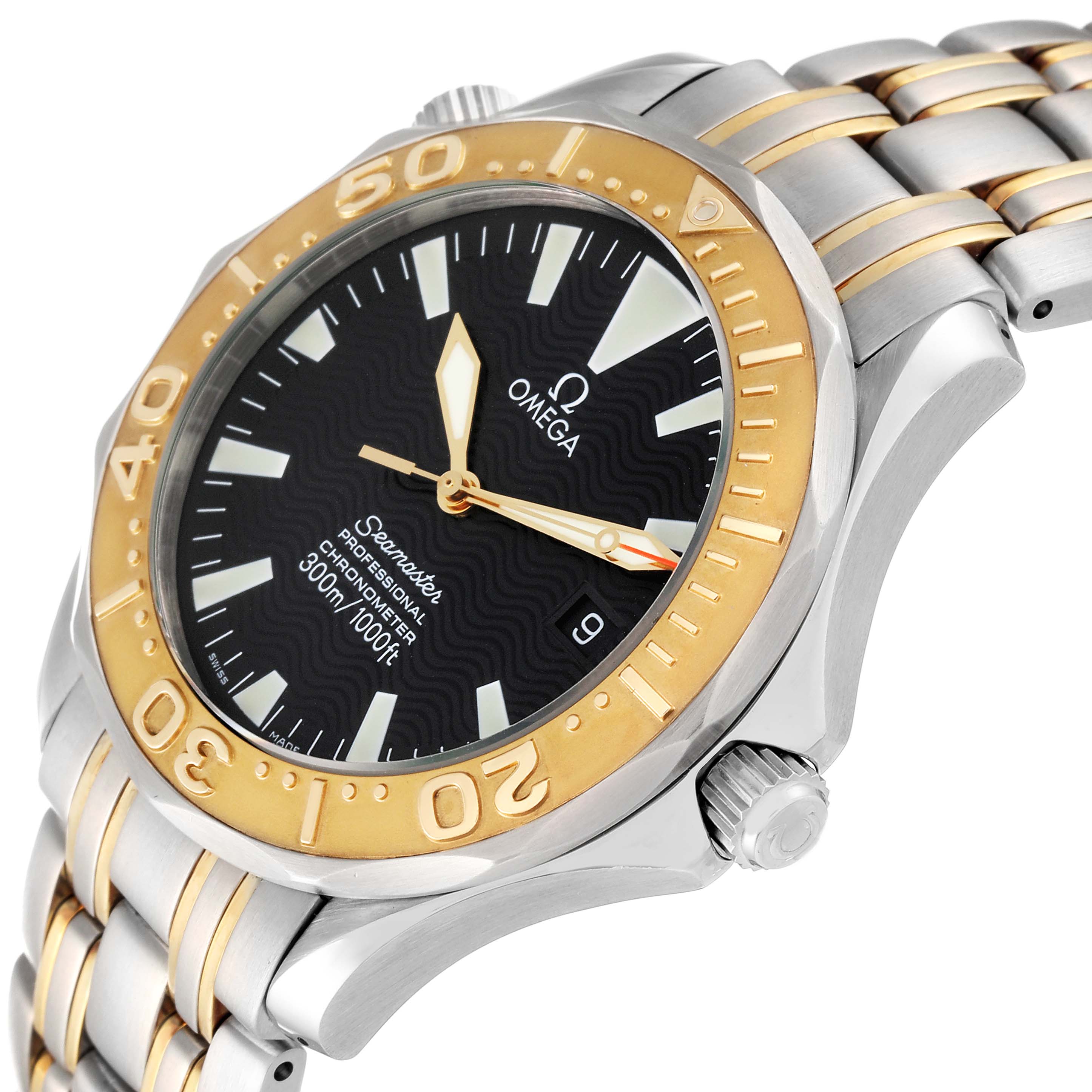 The image shows a close-up of the Omega Seamaster 2455.50.00 Men's Steel and Gold (two tone) Black Dial 2455.50.00 Men's Steel and Gold (two tone) Black Dial watch from an angled side view, highlighting the bezel, dial, and part of the bracelet.