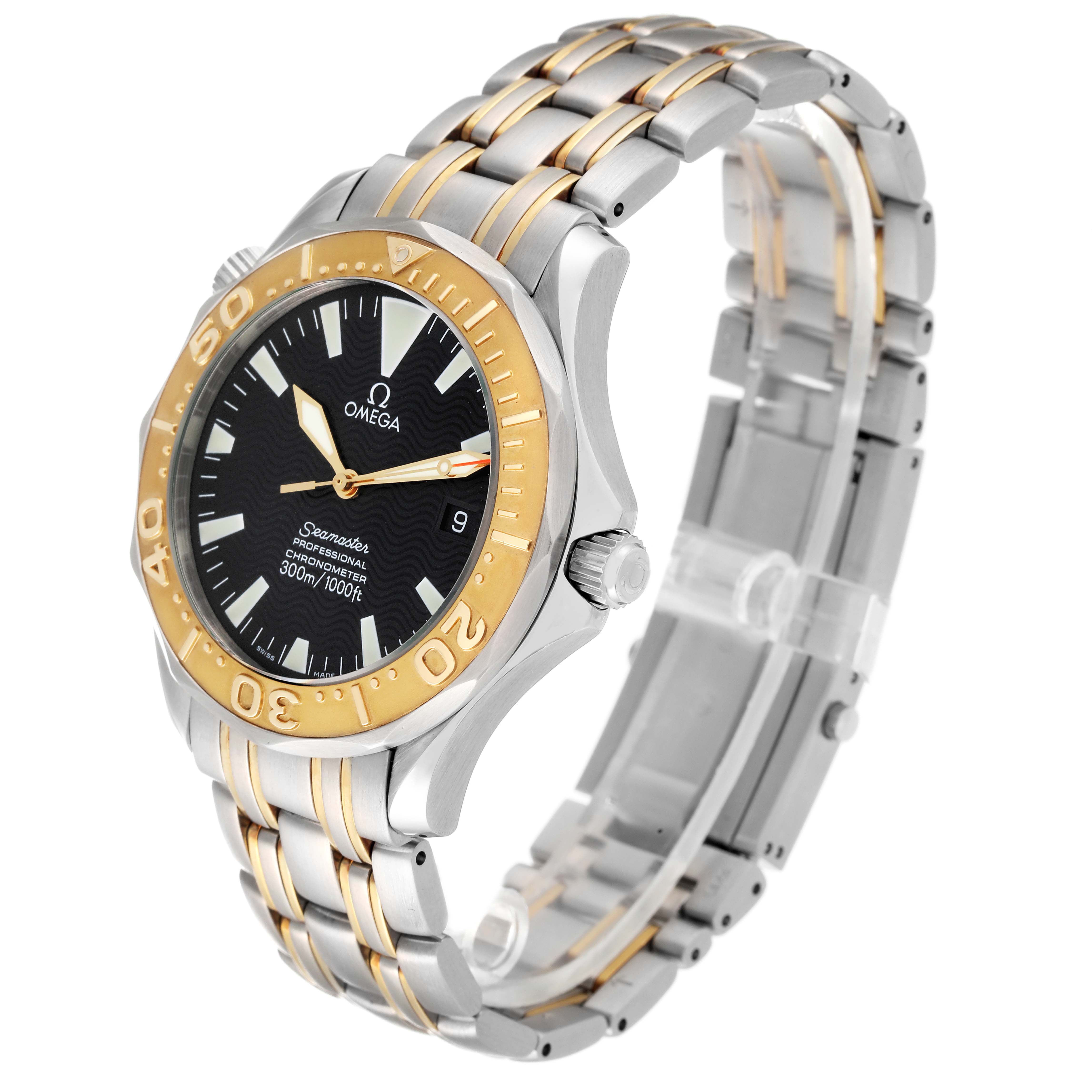 The image shows a side and front angle of an Omega Seamaster 2455.50.00 Men's Steel and Gold (two tone) Black Dial 2455.50.00 Men's Steel and Gold (two tone) Black Dial watch, highlighting its dial, bezel, and metal strap.