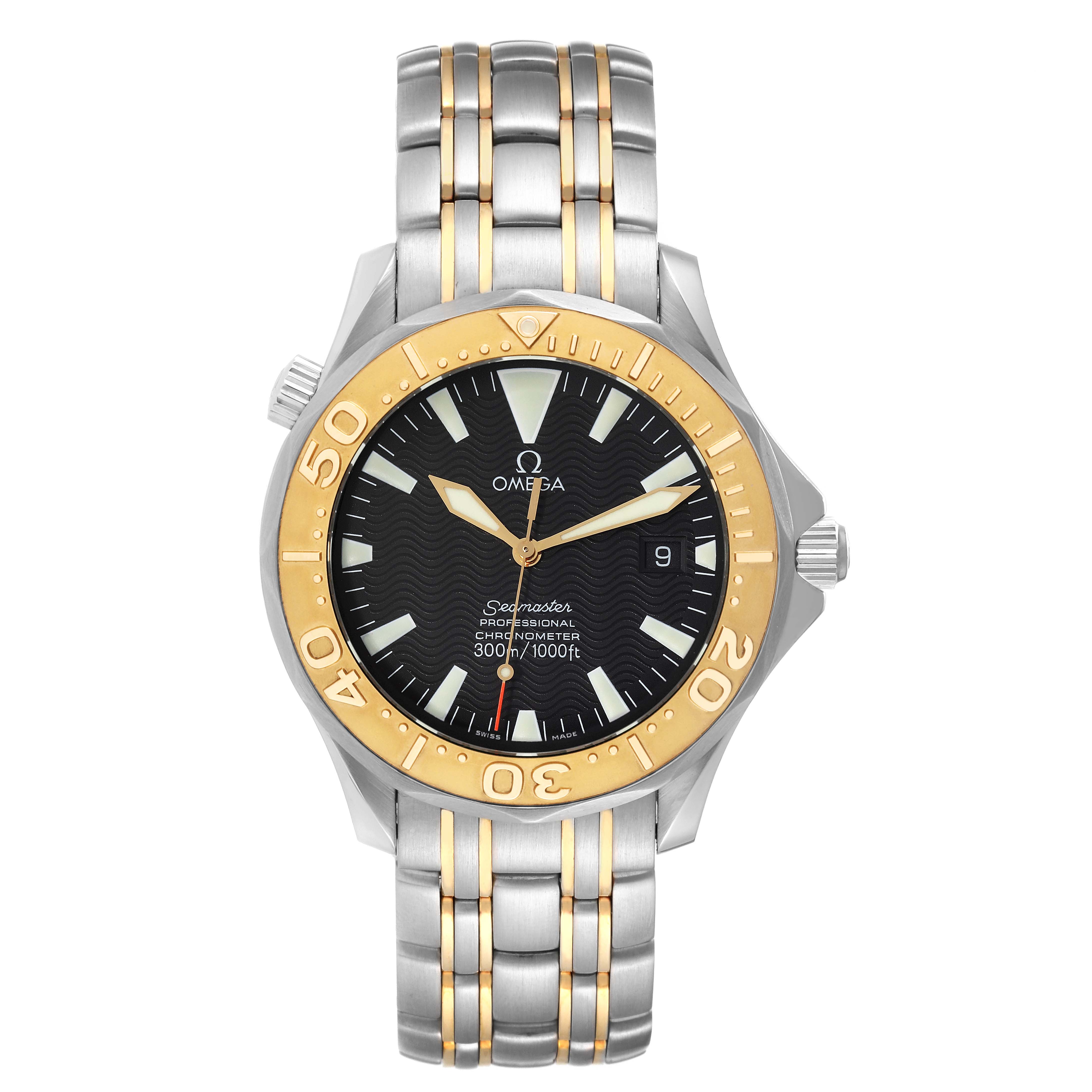 The image shows a front view of the Omega Seamaster 2455.50.00 Men's Steel and Gold (two tone) Black Dial 2455.50.00 Men's Steel and Gold (two tone) Black Dial watch, highlighting its face, bezel, and bracelet.