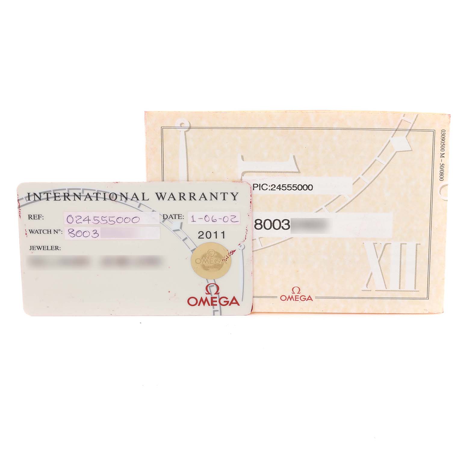 The image shows the warranty card and accompanying documents for an Omega Seamaster 2455.50.00 Men's Steel and Gold (two tone) Black Dial 2455.50.00 Men's Steel and Gold (two tone) Black Dial watch.