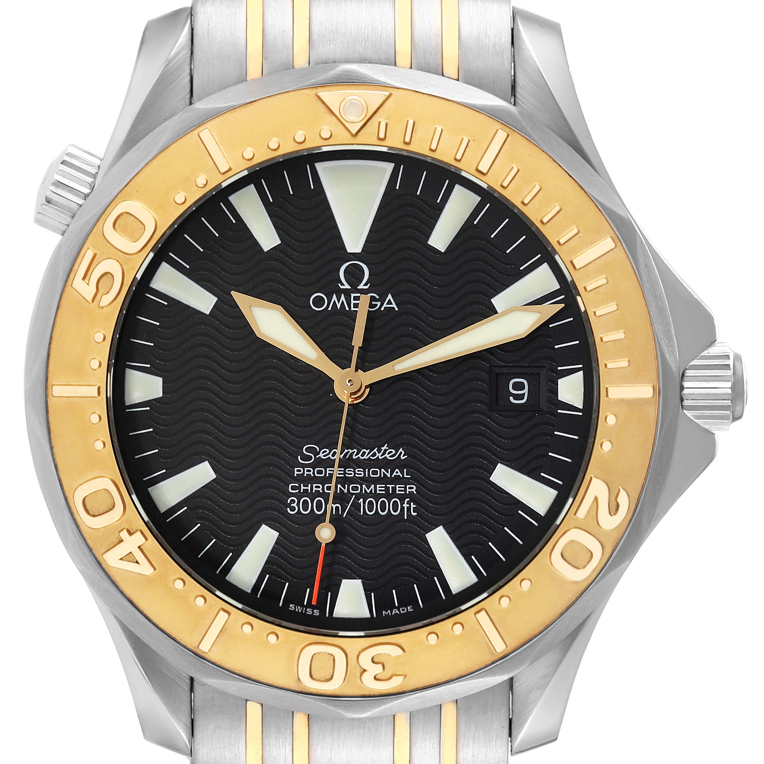 The image shows a front view of an Omega Seamaster 2455.50.00 Men's Steel and Gold (two tone) Black Dial 2455.50.00 Men's Steel and Gold (two tone) Black Dial watch, highlighting its black dial, gold bezel, and stainless steel bracelet.
