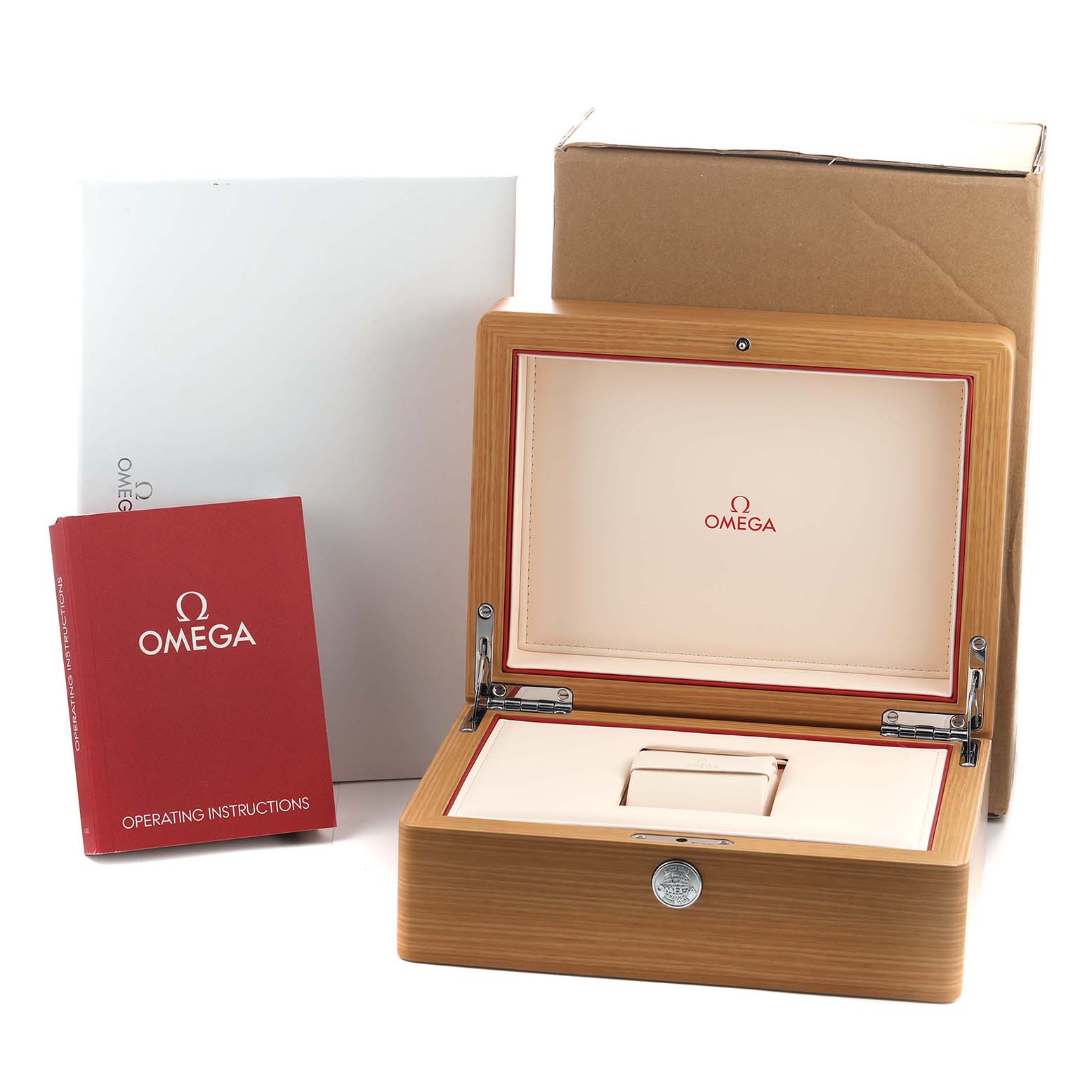 The image shows an Omega Speedmaster 304.33.44.52.03.001 Men's Stainless Steel Blue Dial watch box, instructions booklet, and outer packaging from a front angle.