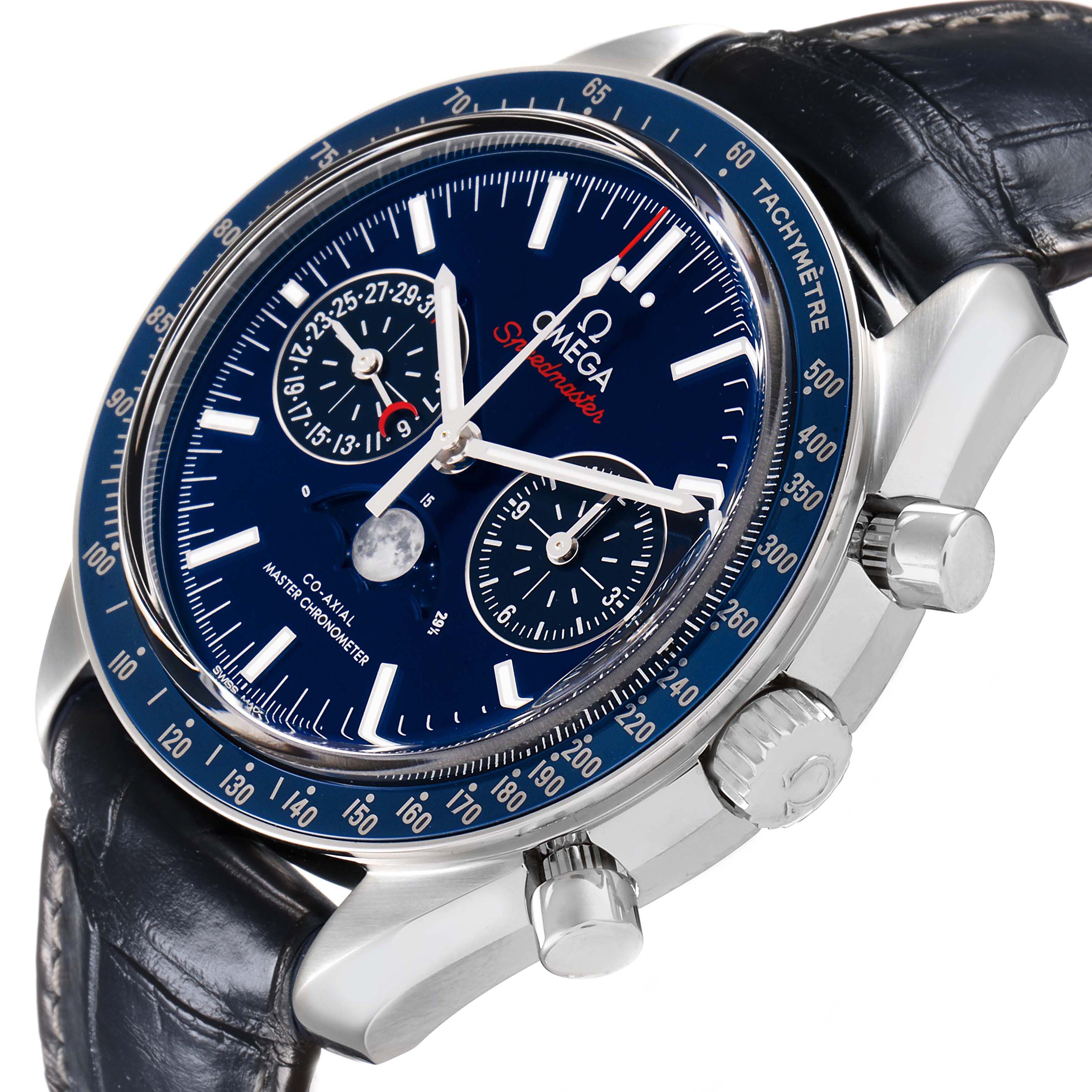 The Omega Speedmaster 304.33.44.52.03.001 Men's Stainless Steel Blue Dial watch is shown at an oblique angle highlighting the dial, bezel, pushers, and crown.