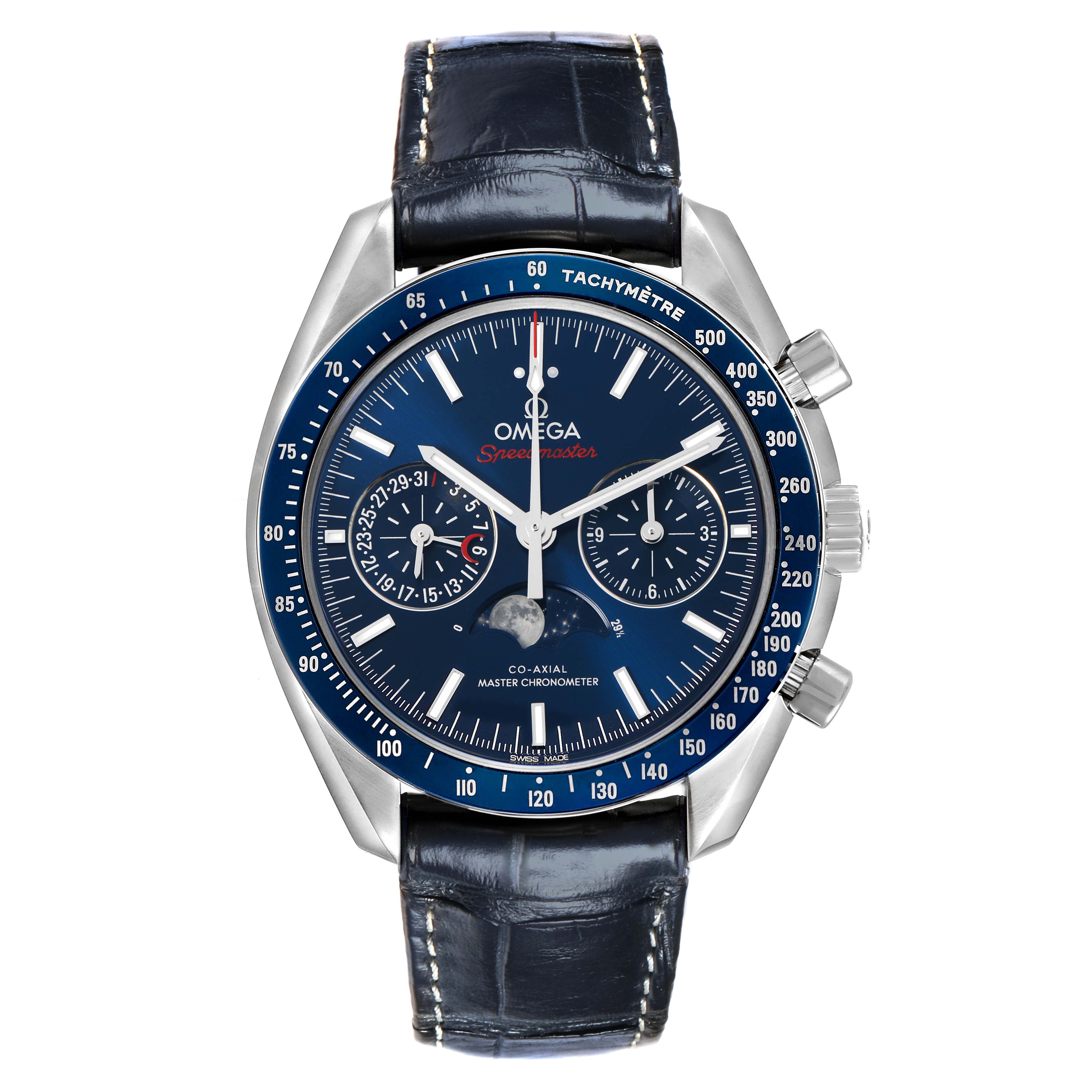 The Omega Speedmaster 304.33.44.52.03.001 Men's Stainless Steel Blue Dial is shown from the front, highlighting the dial, bezel, and leather strap details.