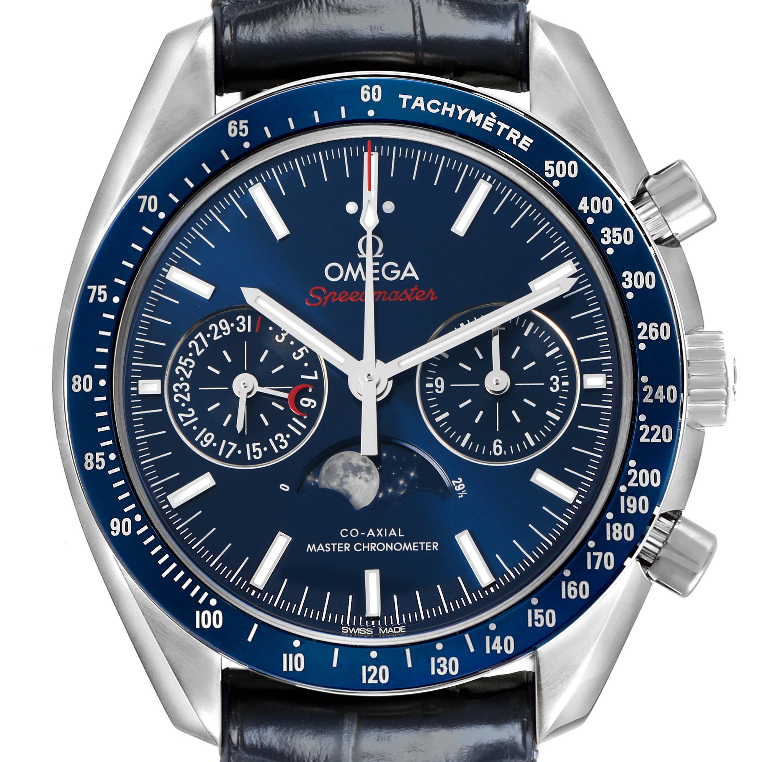 The Omega Speedmaster 304.33.44.52.03.001 Men's Stainless Steel Blue Dial watch is shown from the front, highlighting the dial, subdials, and tachymeter bezel.