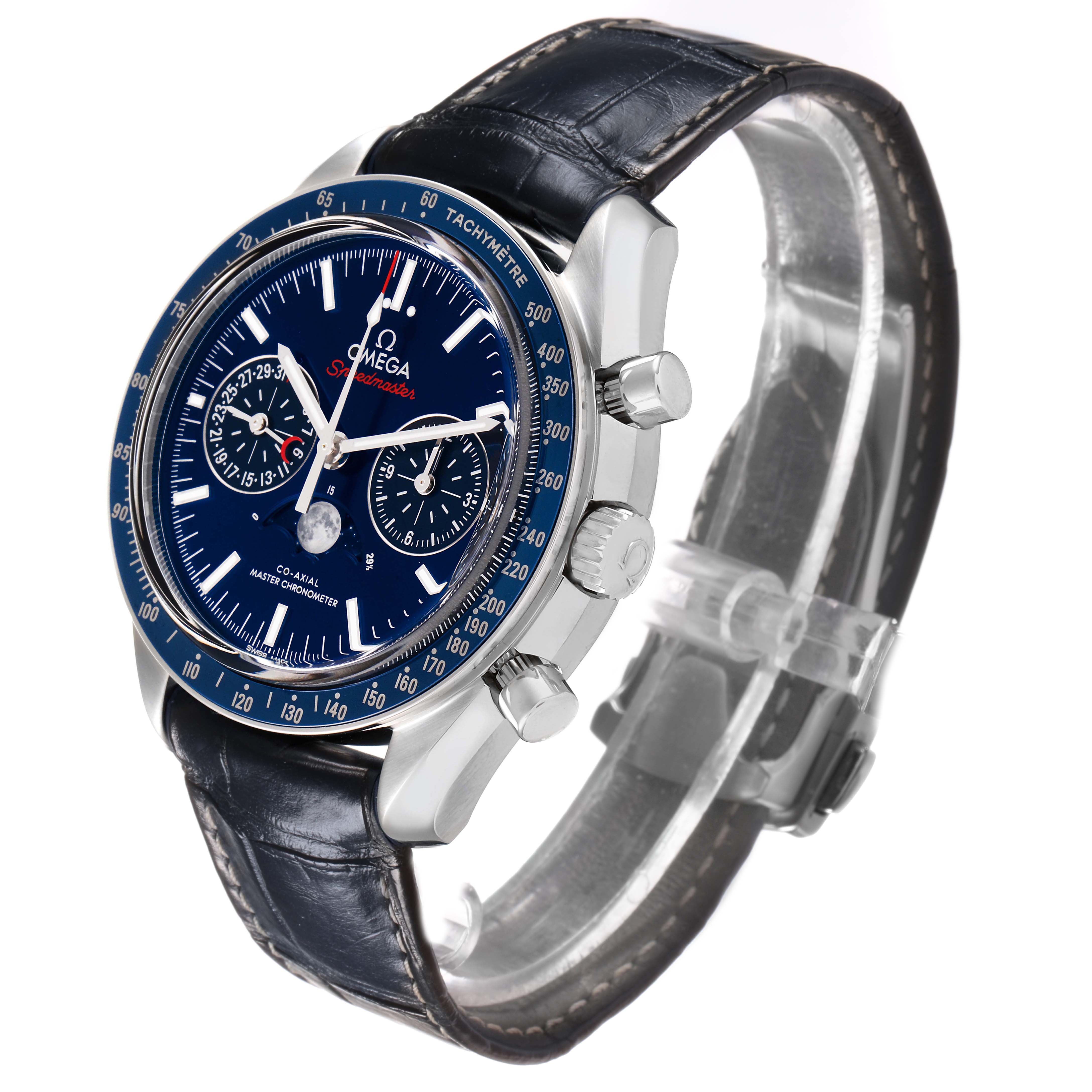 The Omega Speedmaster 304.33.44.52.03.001 Men's Stainless Steel Blue Dial watch is shown from a front angle, displaying the dial, tachymeter bezel, crown, pushers, and leather strap.
