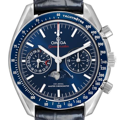 The Omega Speedmaster 304.33.44.52.03.001 Men's Stainless Steel Blue Dial watch is shown from a front angle, highlighting its dial, subdials, tachymeter, and pushers.