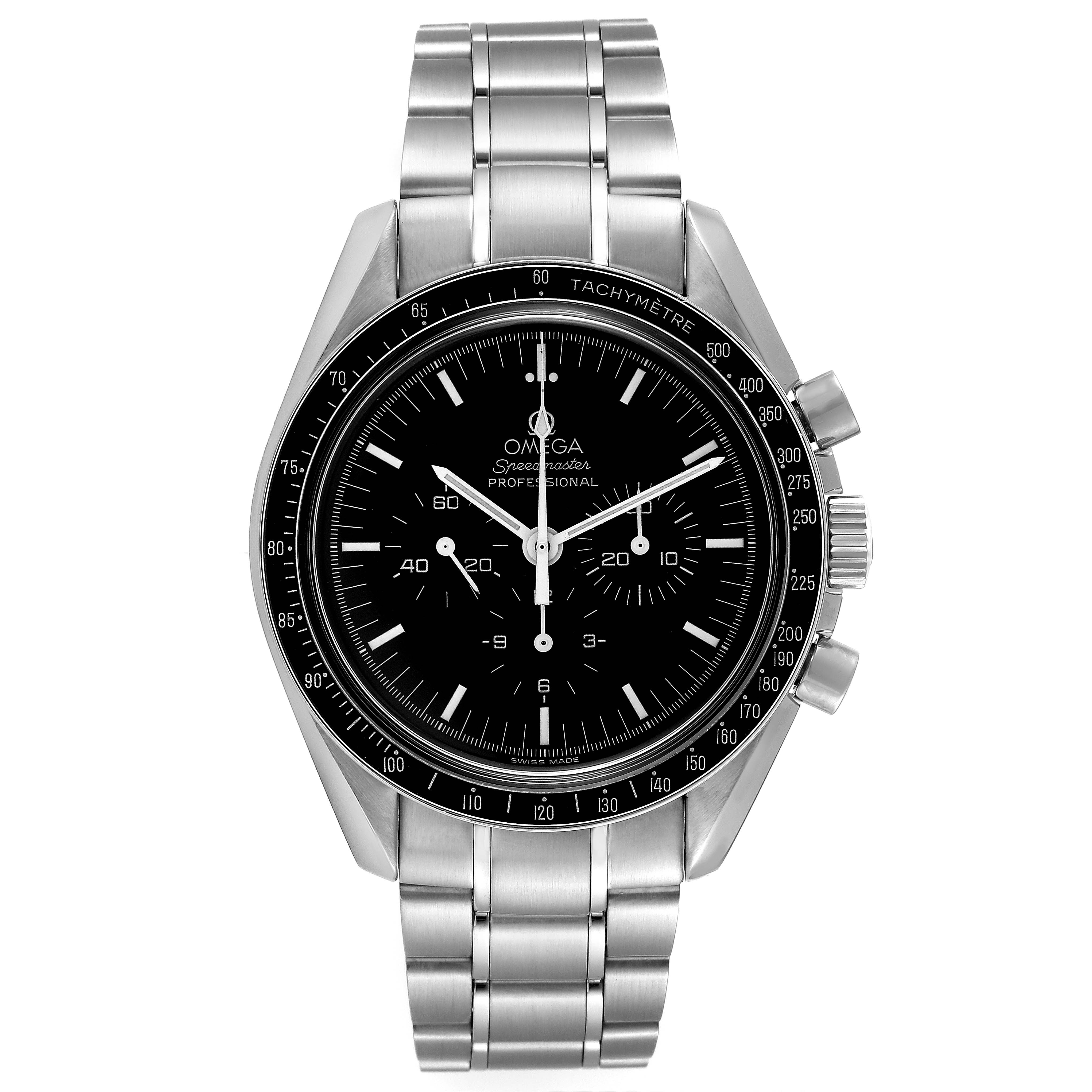 The image shows a front view of an Omega Speedmaster 3570.50.00 Men
s Stainless Steel Black Dial 3570.50.00 Men
s Stainless Steel Black Dial watch, displaying its face, bezel, and metal bracelet.