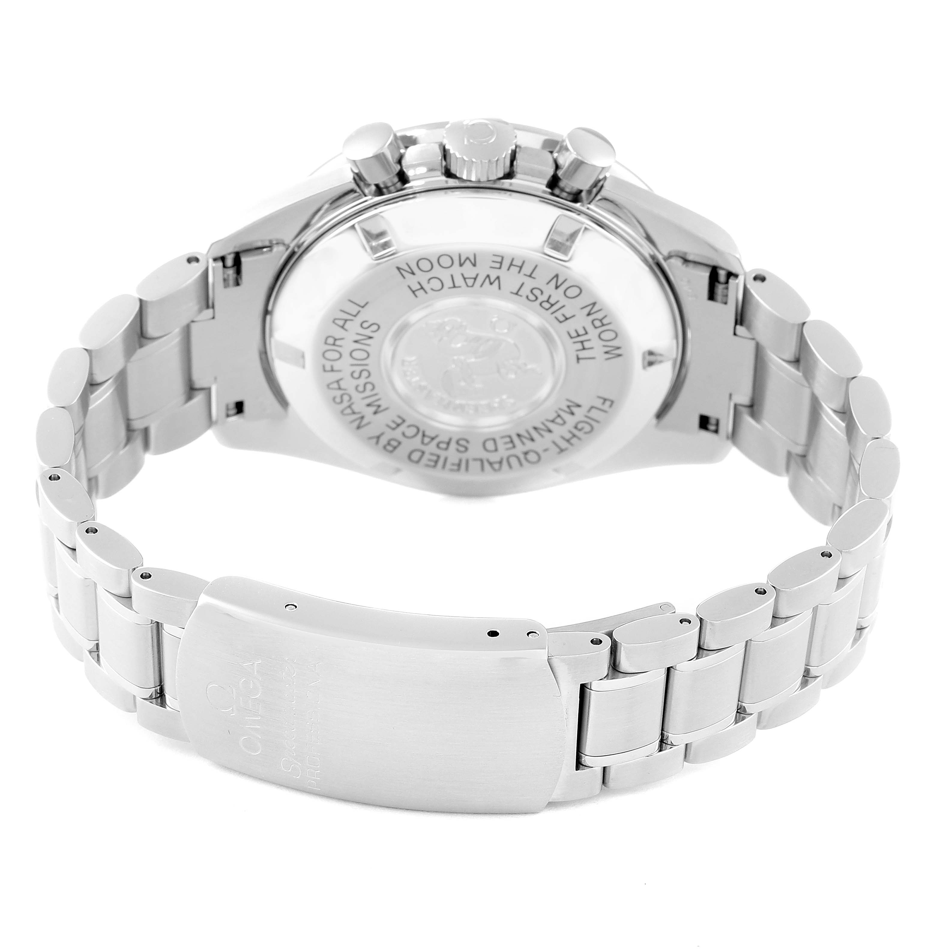 The image shows the back and clasp of an Omega Speedmaster 3570.50.00 Men
s Stainless Steel Black Dial 3570.50.00 Men
s Stainless Steel Black Dial watch, focusing on the case back and bracelet.