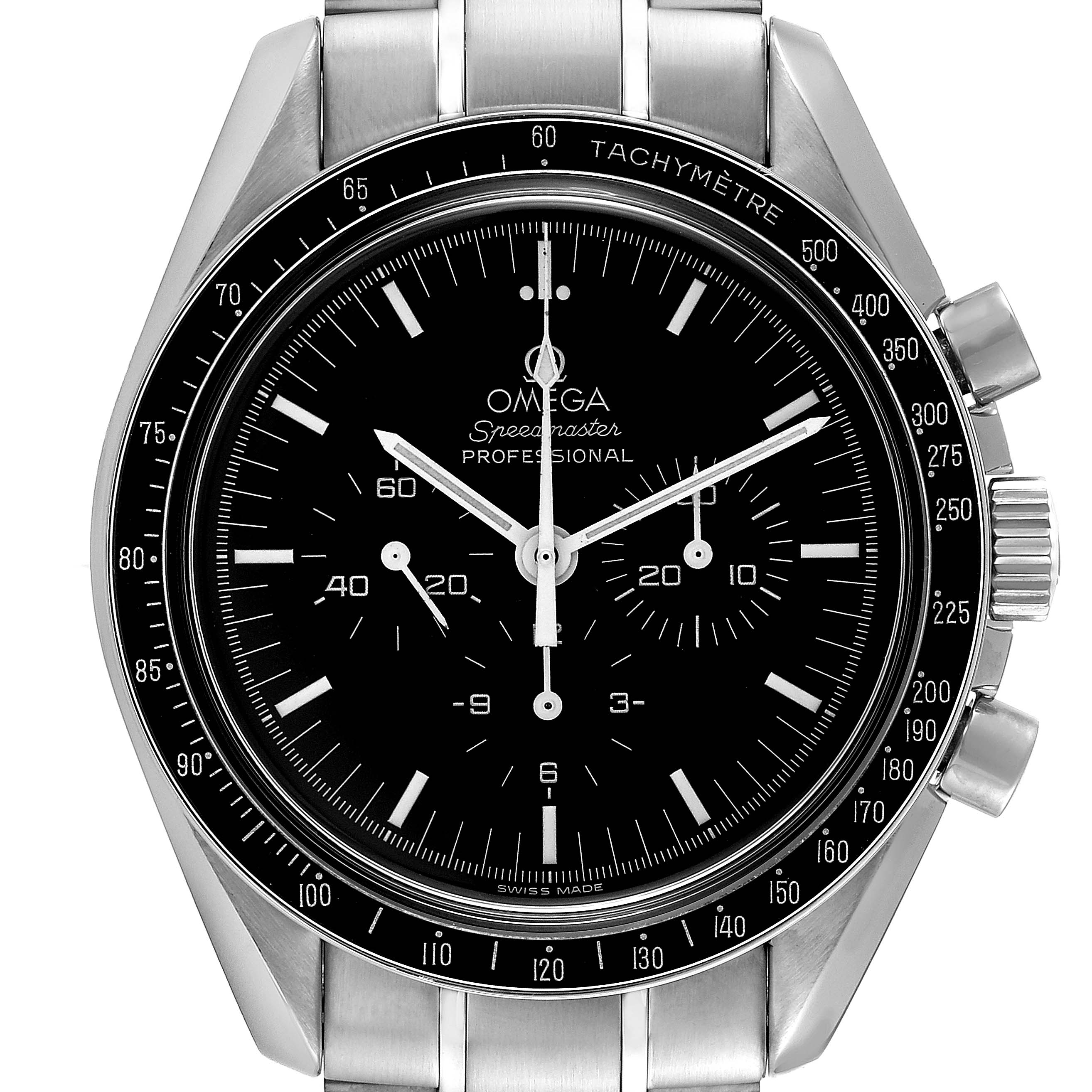 The image shows a front view of the Omega Speedmaster 3570.50.00 Men
s Stainless Steel Black Dial 3570.50.00 Men
s Stainless Steel Black Dial watch, highlighting the dial, tachymeter, and chronograph buttons.